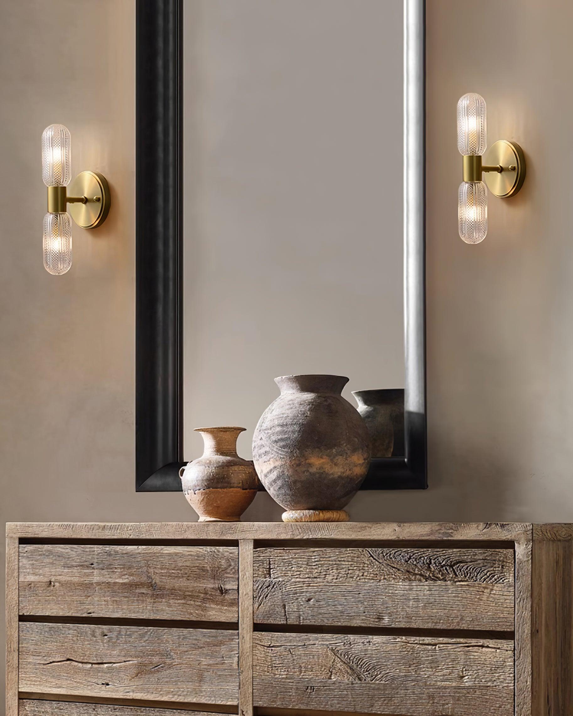 Evania Brass and Textured Glass Double Light Wall Sconce - Letslighting
