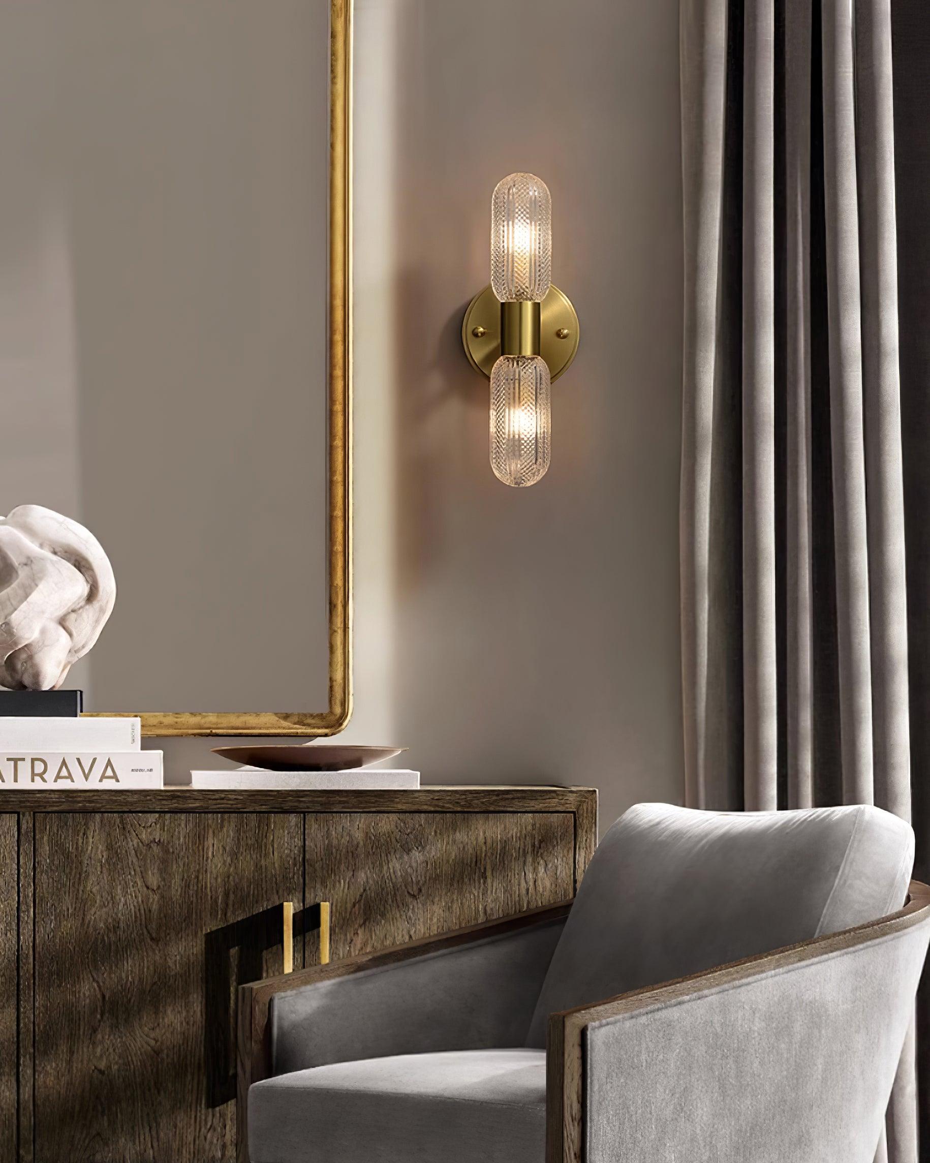 Evania Brass and Textured Glass Double Light Wall Sconce - Letslighting