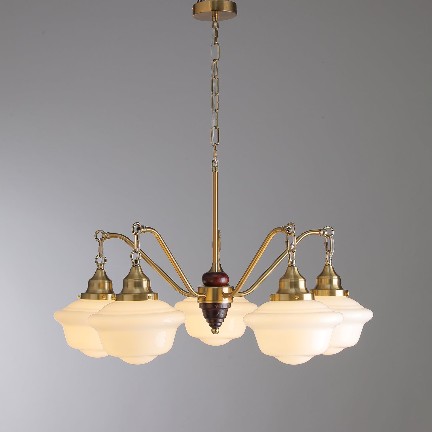 Lustra Kronleuchter Messing Holz Milchglas Klassisch-Letslighting