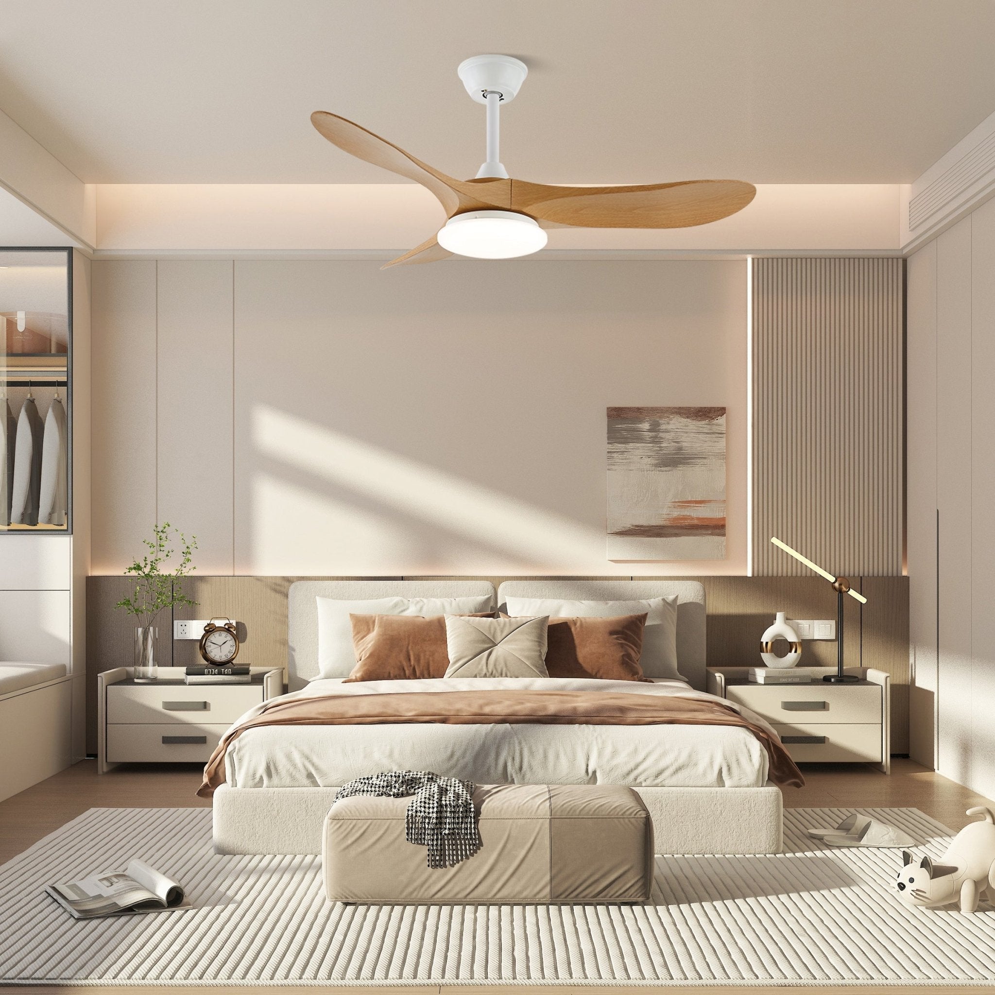 Velix Moderner Holz-Deckenventilator mit Beleuchtung aus der Froschperspektive