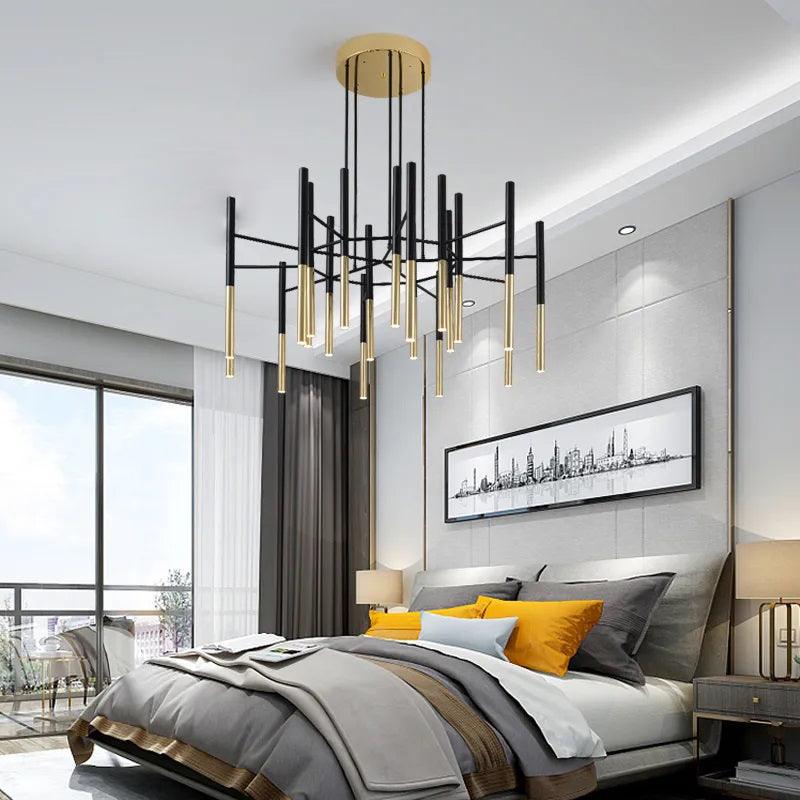 Solara Moderner Kronleuchter Stäbe Schwarz-Gold-Letslighting