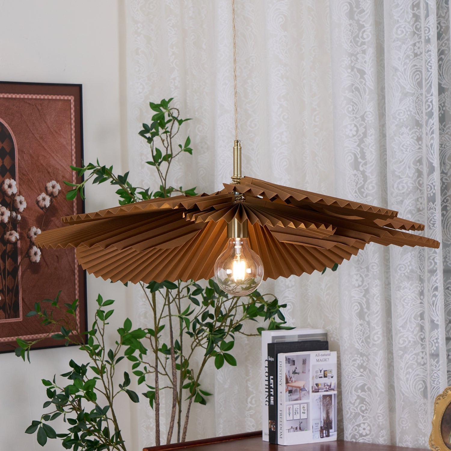 Pendant Light with Pleated Kraft Paper Petal Shade - Letslighting