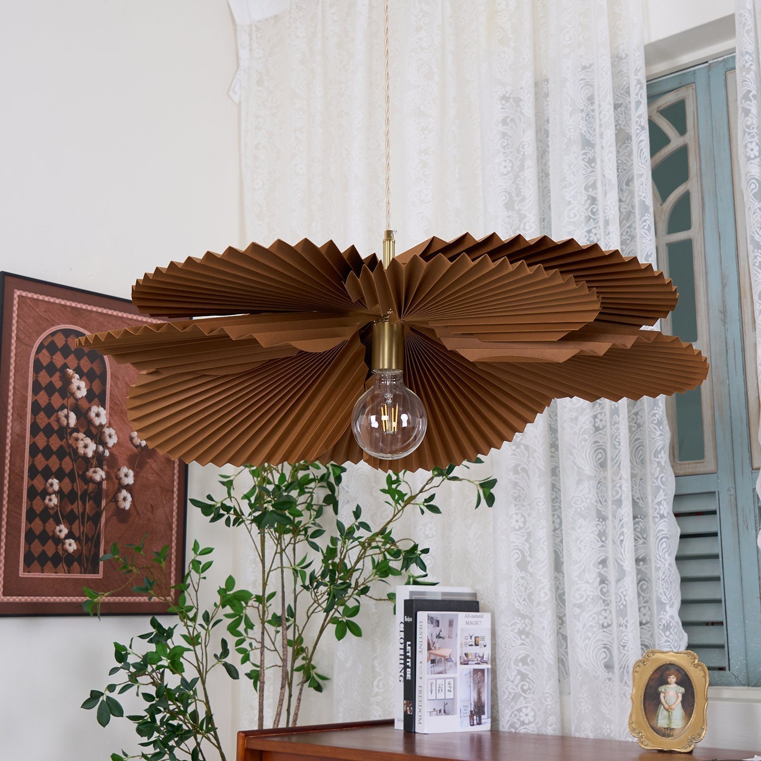 Pendant Light with Pleated Kraft Paper Petal Shade - Letslighting