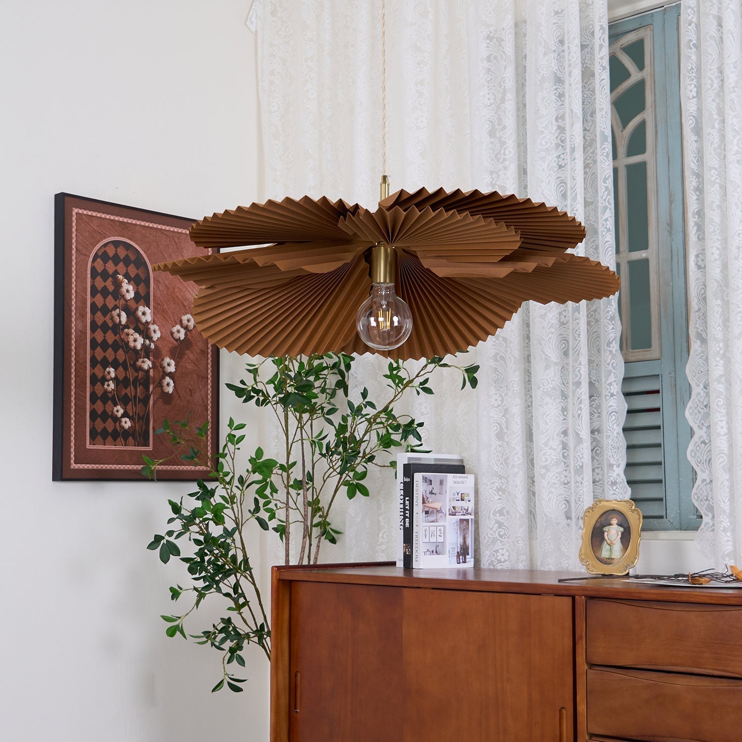 Pendant Light with Pleated Kraft Paper Petal Shade - Letslighting
