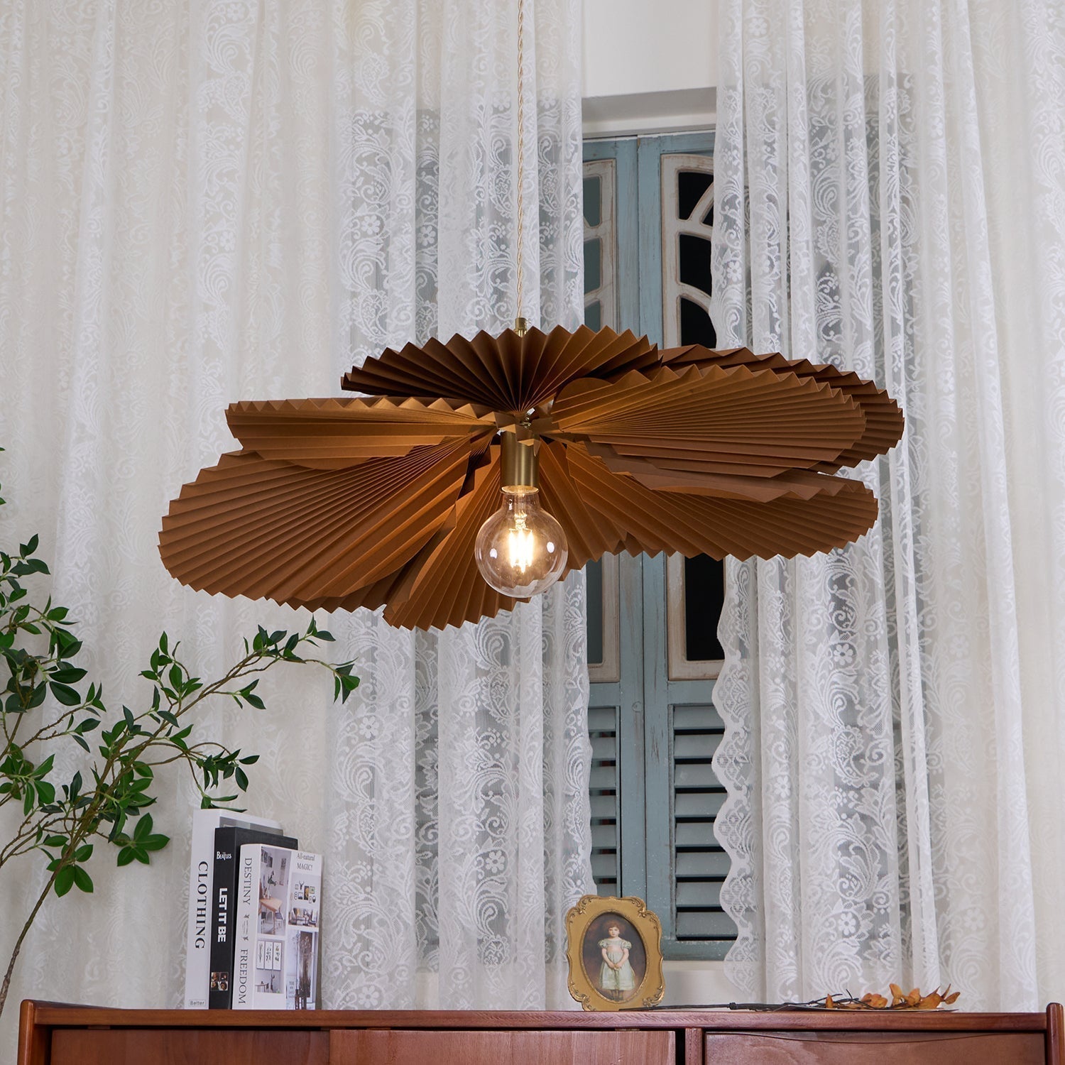 Pendant Light with Pleated Kraft Paper Petal Shade - Letslighting