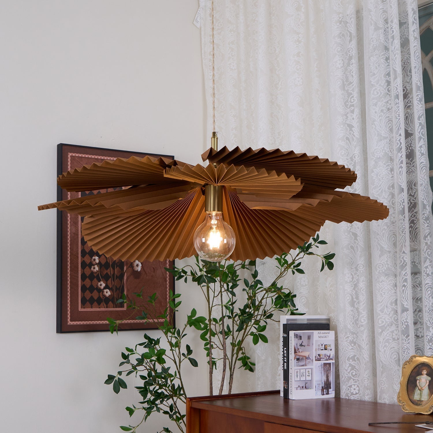 Pendant Light with Pleated Kraft Paper Petal Shade - Letslighting