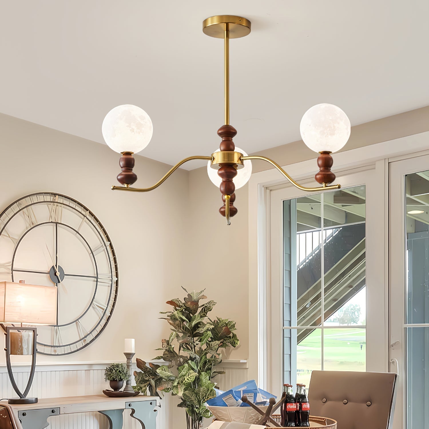 Lustra Kronleuchter Messing Holz Mond Globus Elegant-Letslighting