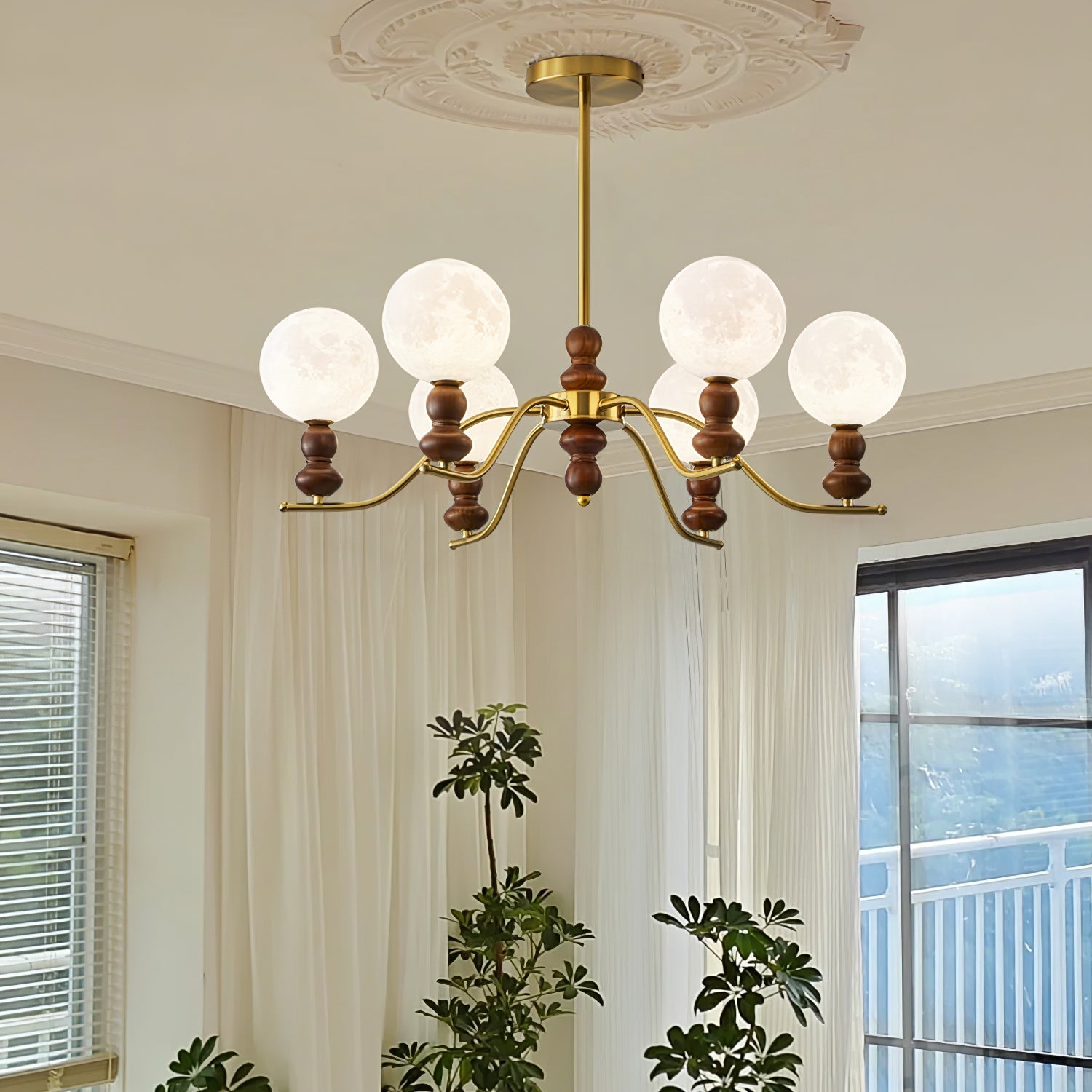 Lustra Kronleuchter Messing Holz Mond Globus Elegant-Letslighting