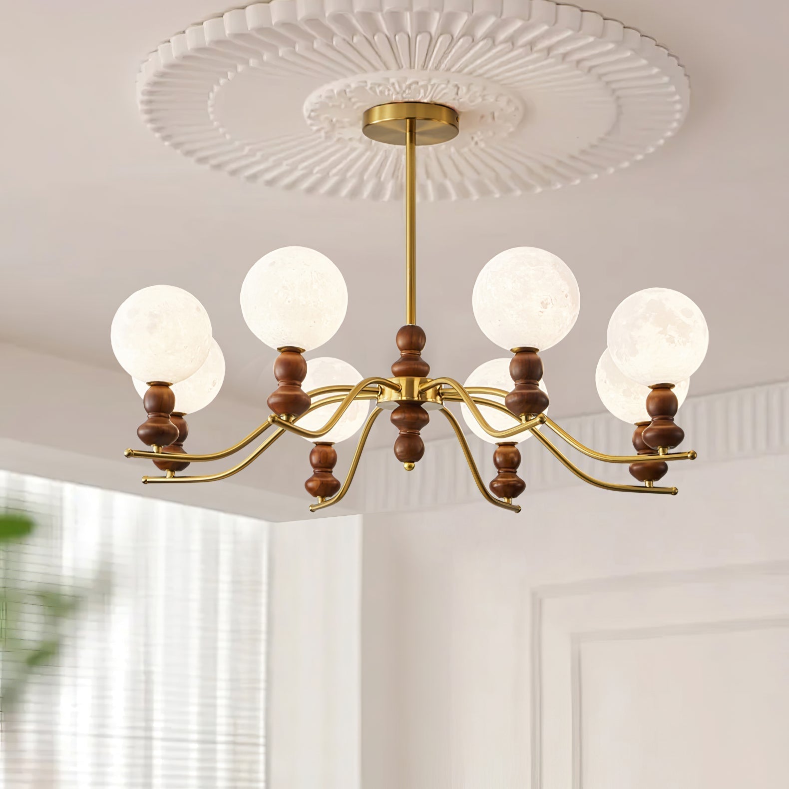 Lustra Kronleuchter Messing Holz Mond Globus Elegant-Letslighting