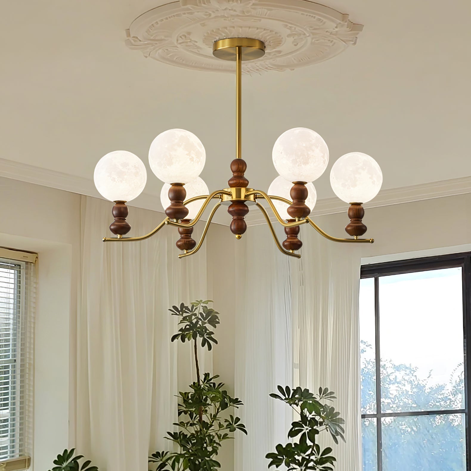 Lustra Kronleuchter Messing Holz Mond Globus Elegant-Letslighting