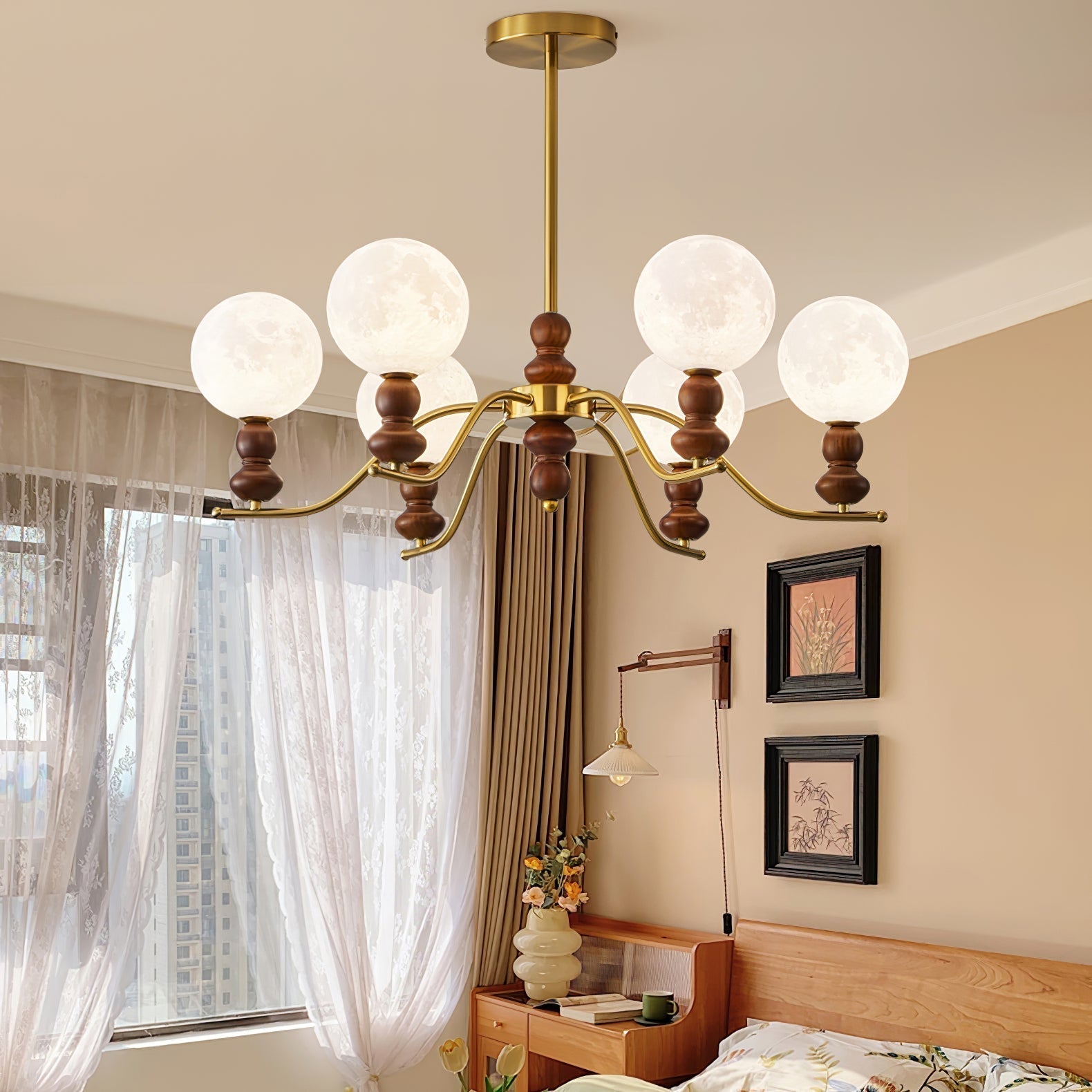 Lustra Kronleuchter Messing Holz Mond Globus Elegant-Letslighting