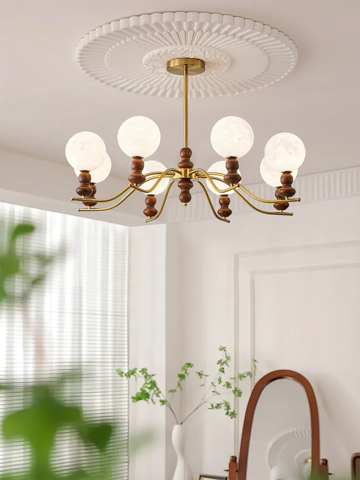 Lustra Kronleuchter Messing Holz Mond Globus Elegant-Letslighting
