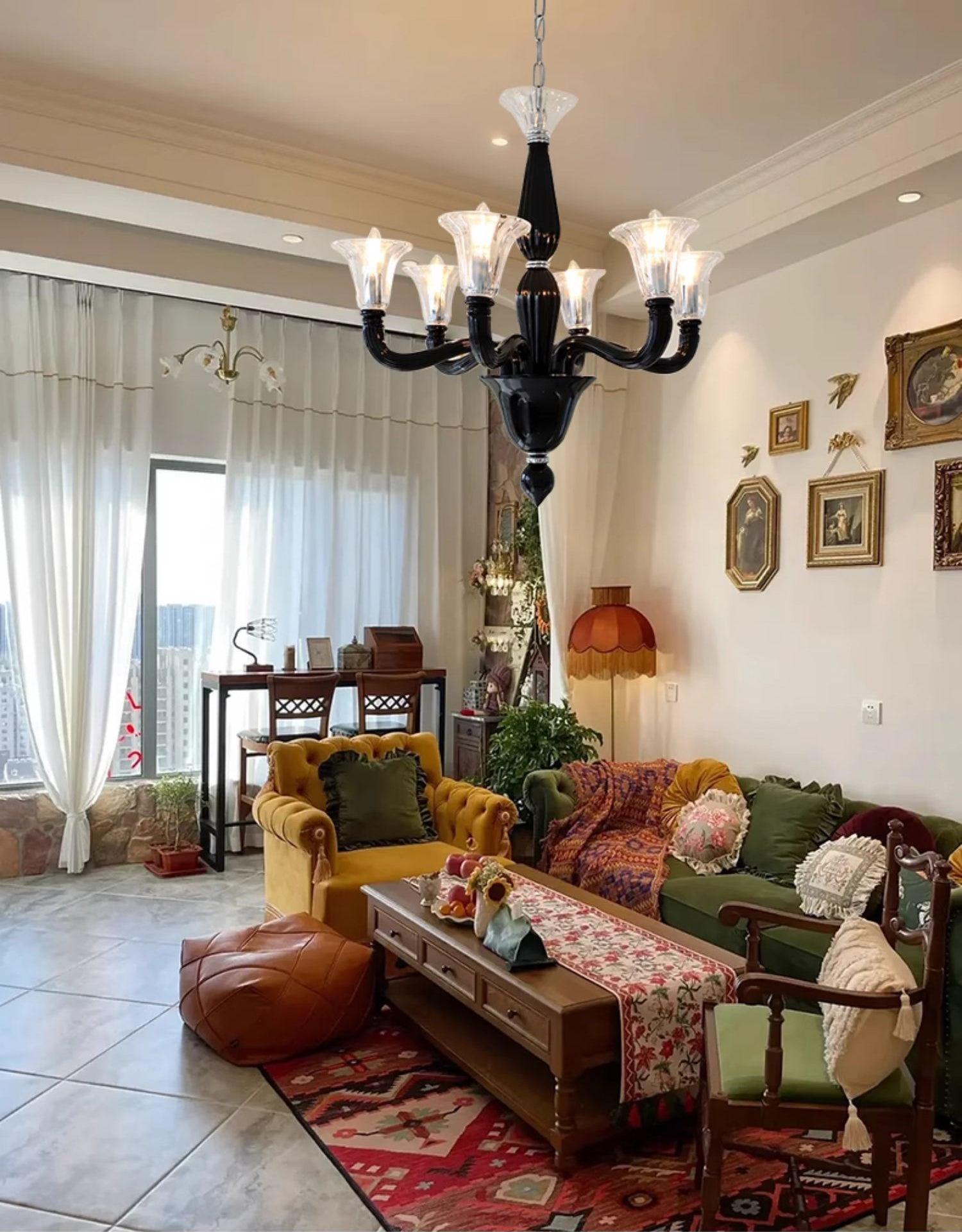 Aurora Chandelier Black Murano Candle Arm Glass Classic - Neutralighting