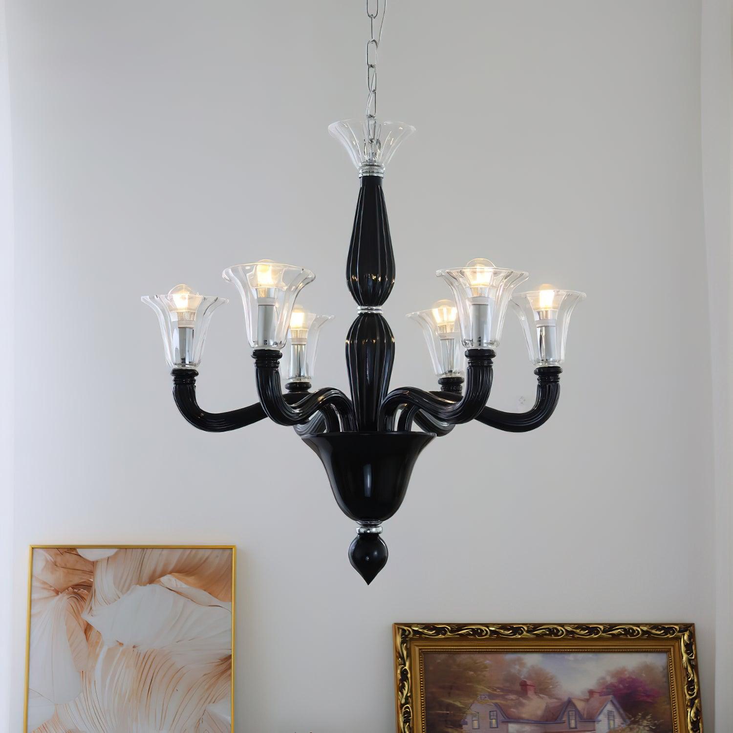 Aurora Chandelier Black Murano Candle Arm Glass Classic - Neutralighting