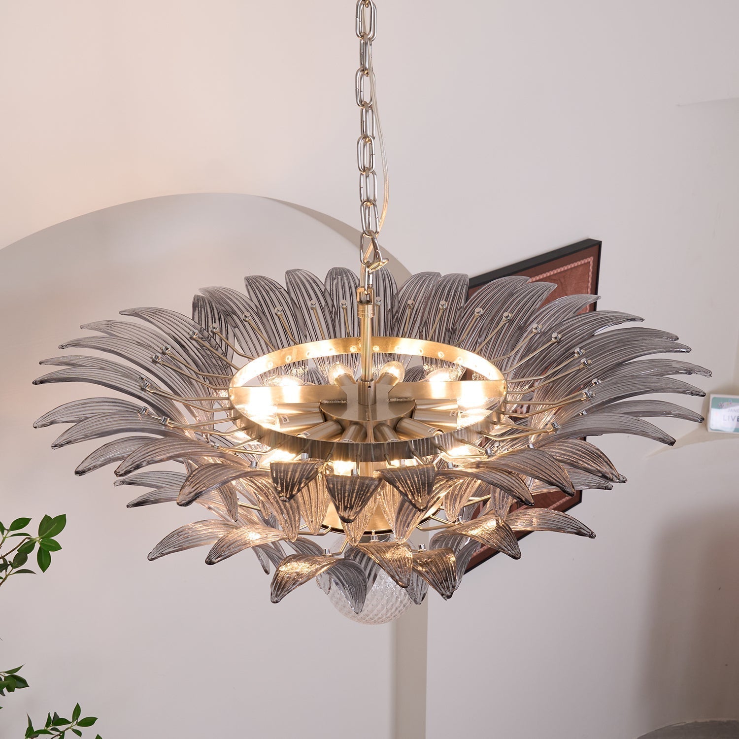 Aurora Chandelier Palmette Clear Murano Glass Leaf Layered - Neutralighting
