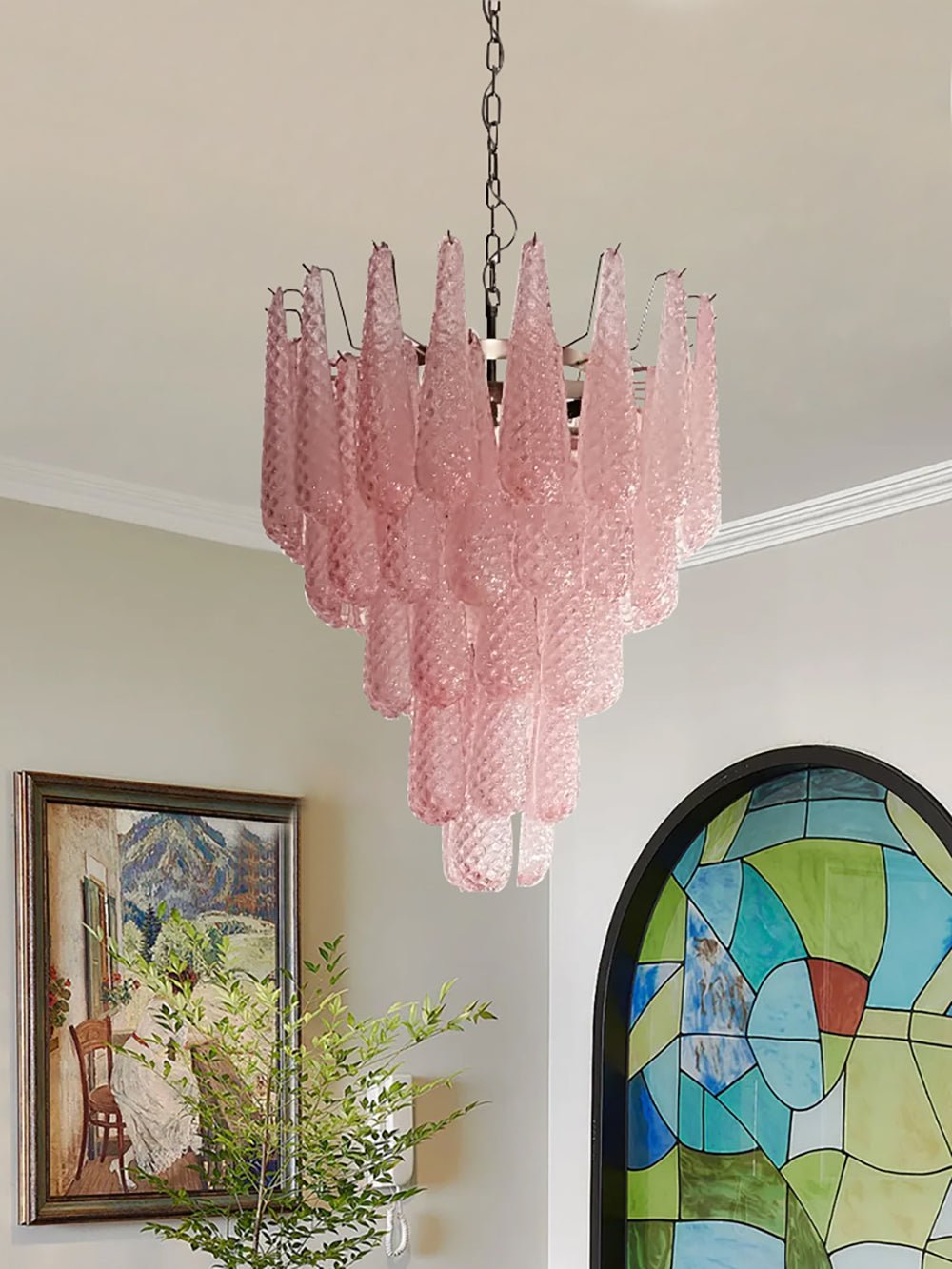 Aurora Chandelier Pink Droplet Murano Glass Diamond Pattern Waterfall - Neutralighting