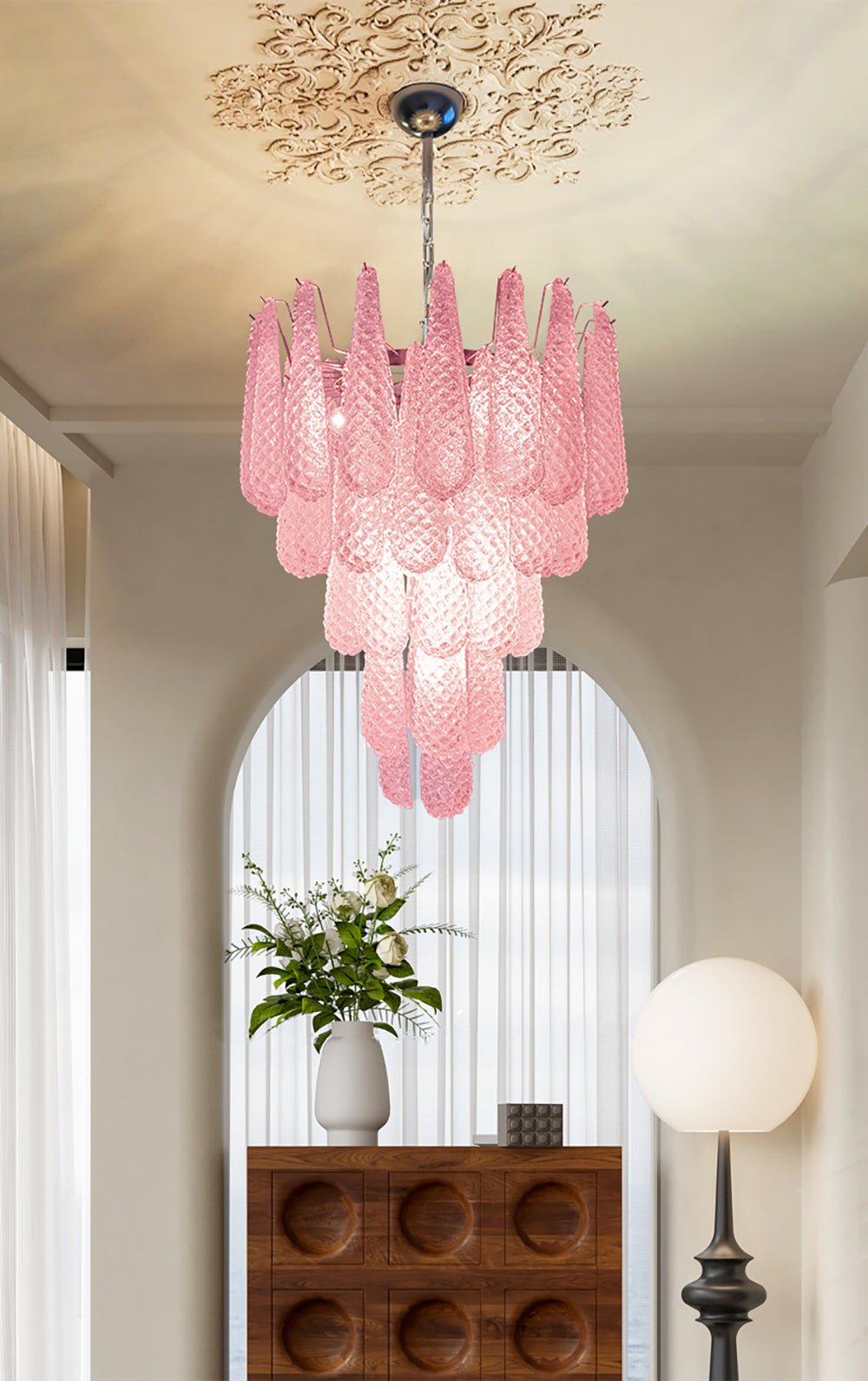 Aurora Chandelier Pink Droplet Murano Glass Diamond Pattern Waterfall - Neutralighting