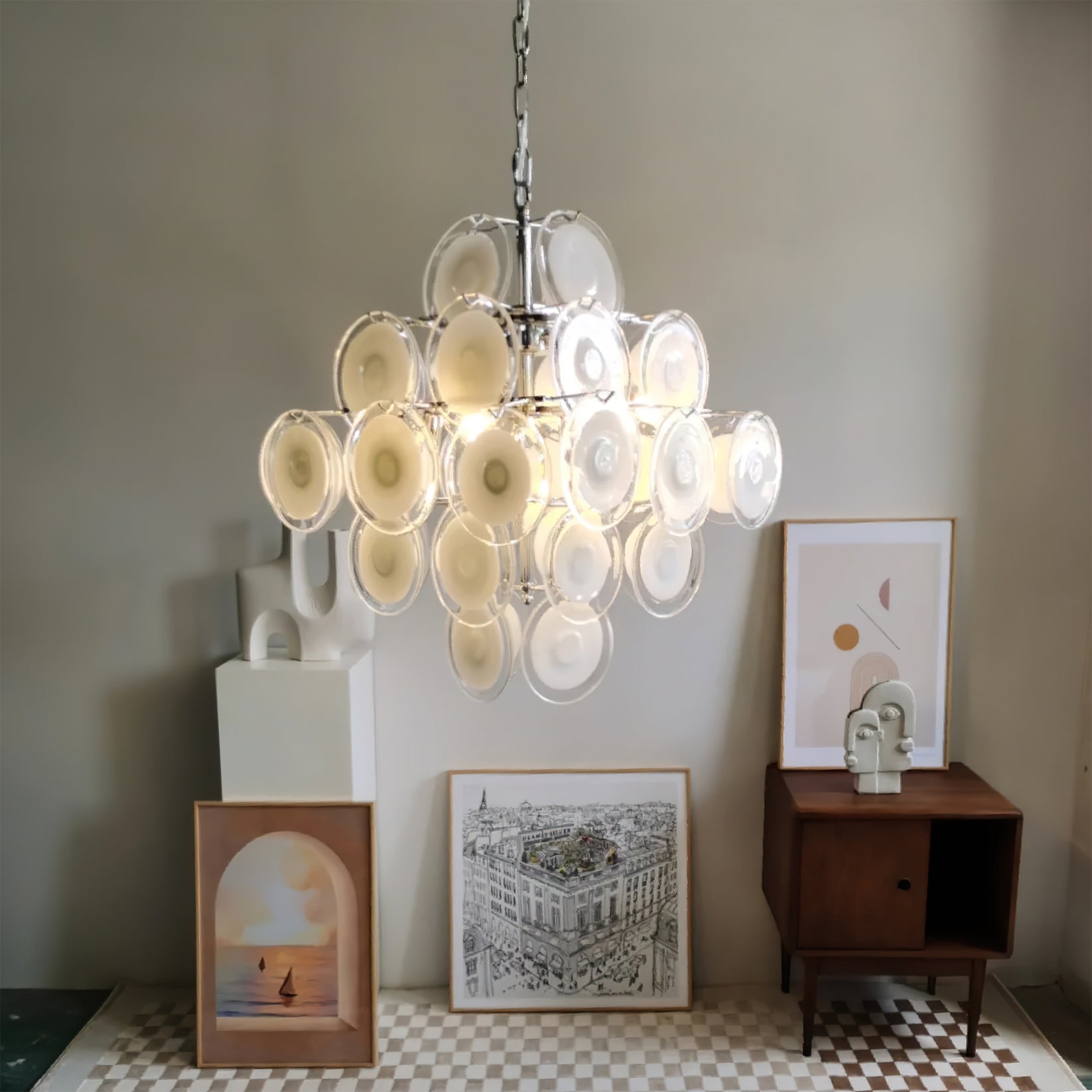 Aurora Chandelier White Murano Glass Discs Cluster - Neutralighting