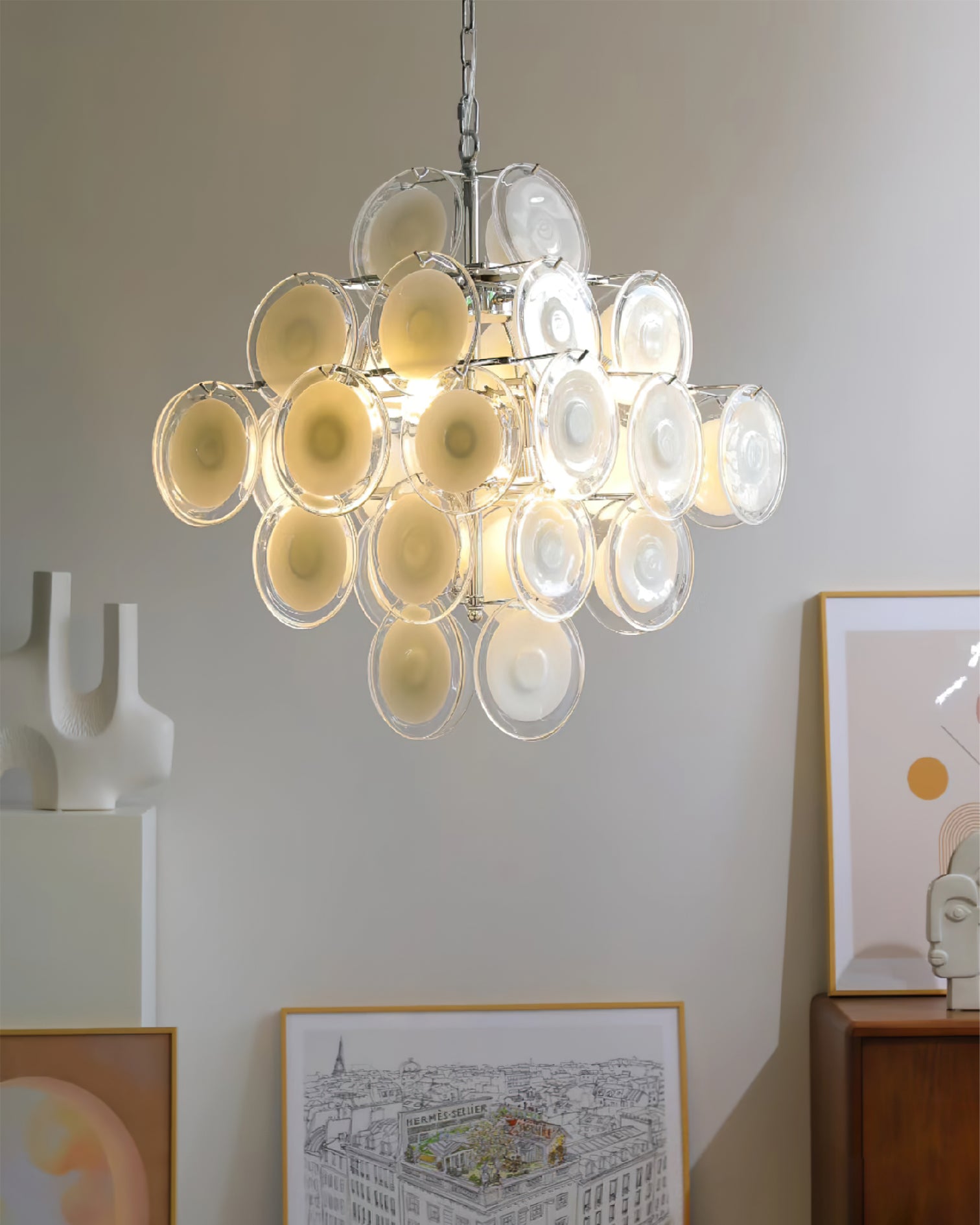 Aurora Chandelier White Murano Glass Discs Cluster - Neutralighting