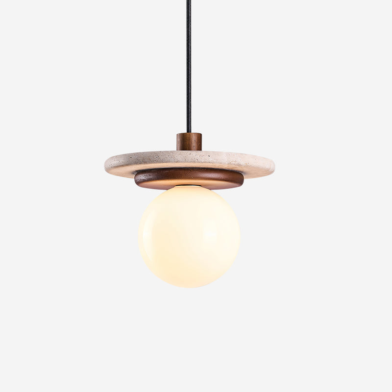 Pendant Lamp Glass Globe Travertine Disc Walnut Wood Natural - Letslighting