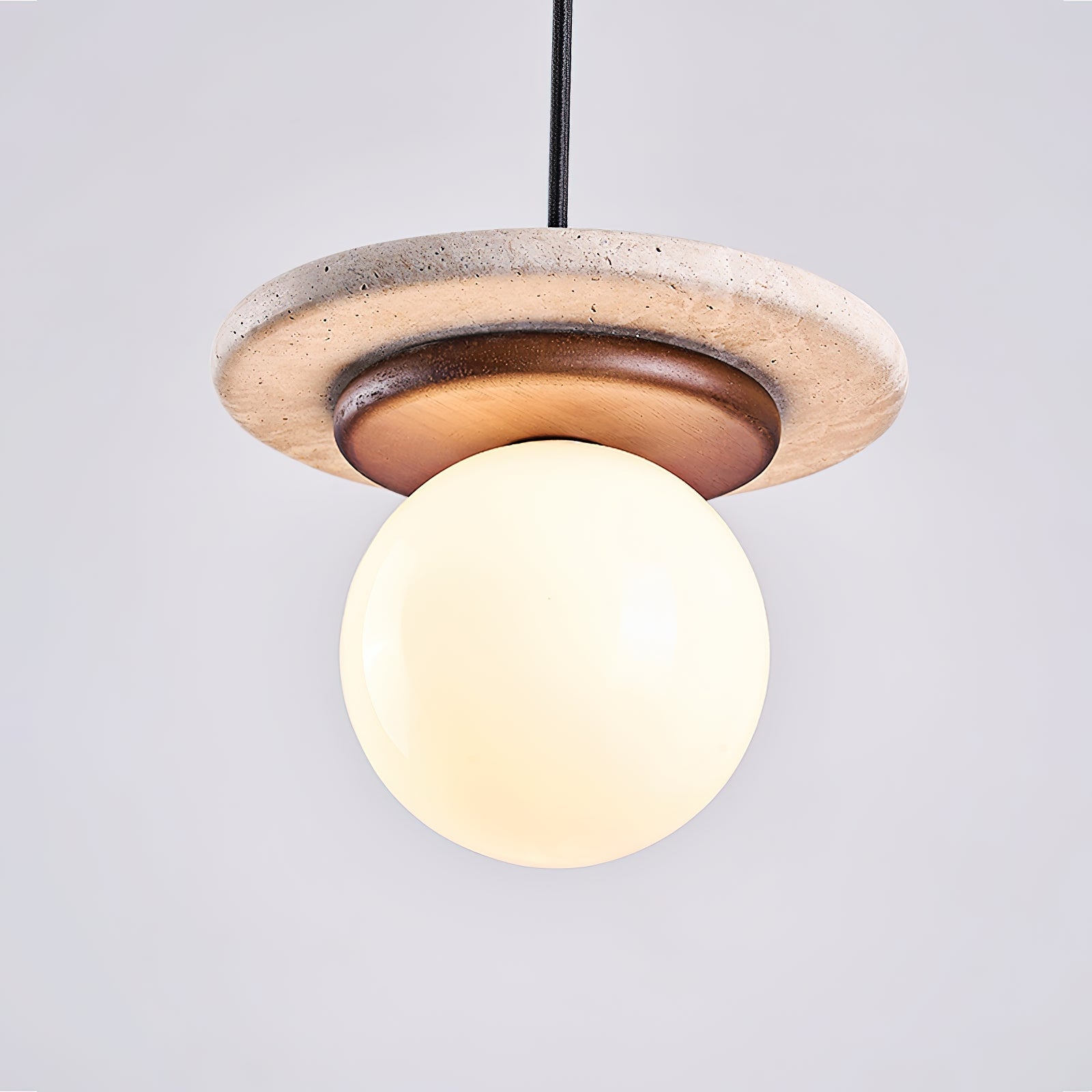 Pendant Lamp Glass Globe Travertine Disc Walnut Wood Natural - Letslighting