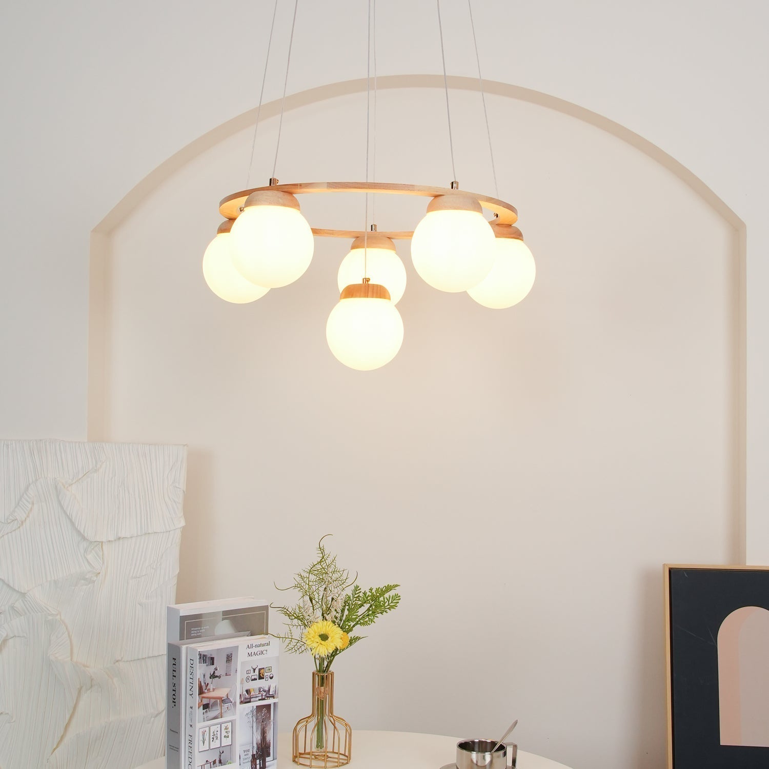 Lustra Kronleuchter Holzring Opalglaskugeln-Letslighting