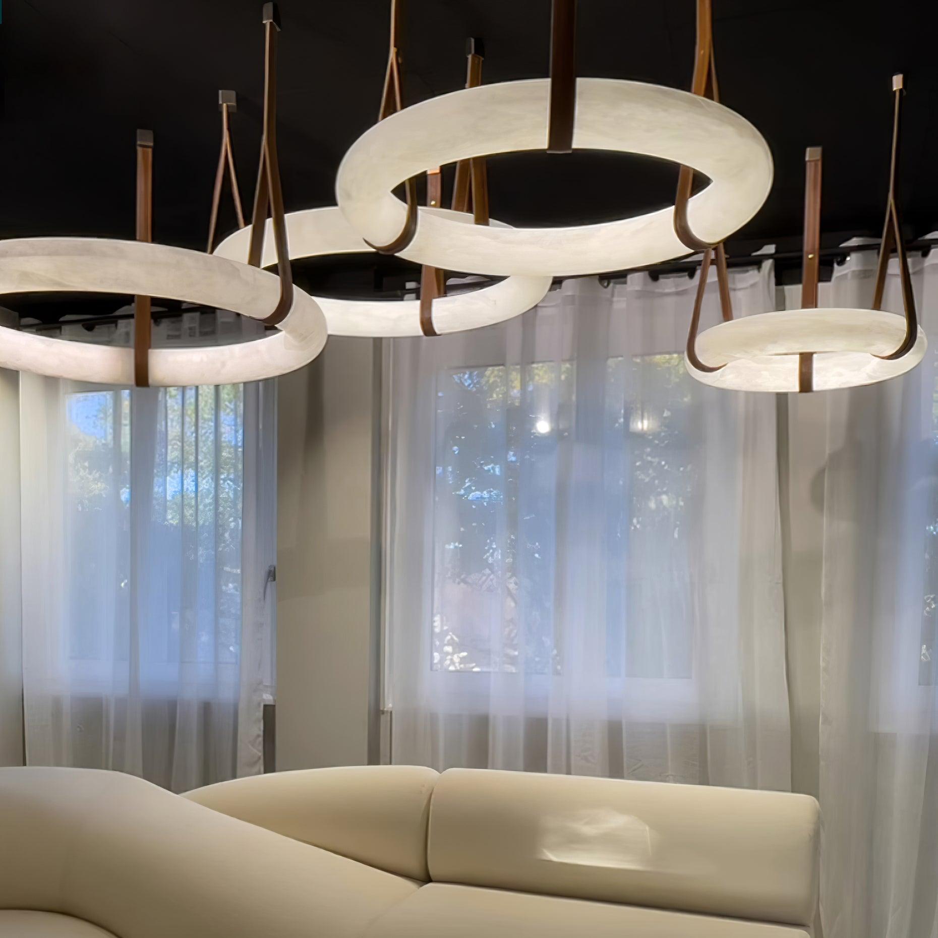 Étoile Pendant Light Chandelier Alabaster Ring Triple Leather - Letslighting