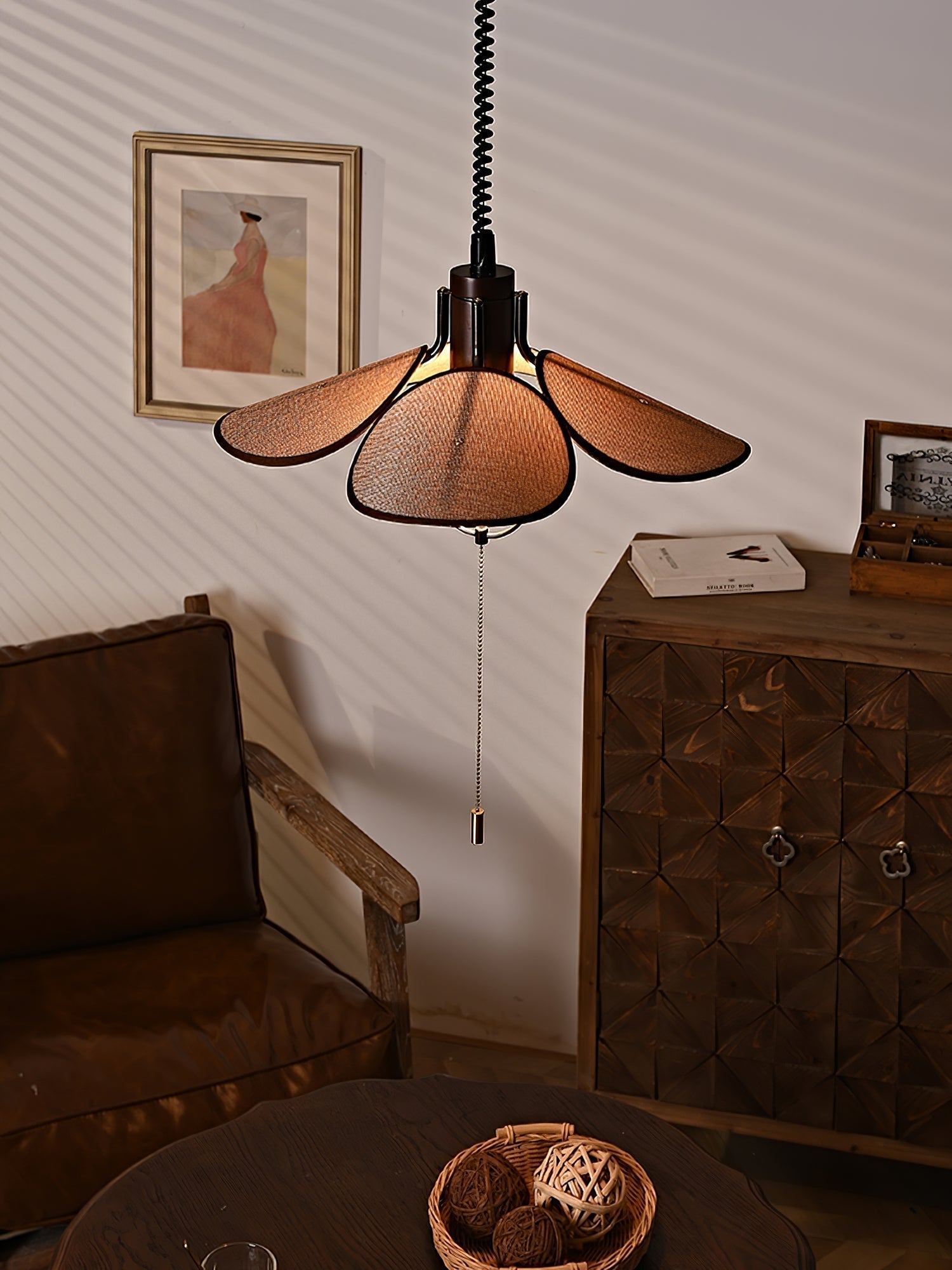 Utalion Traditionelle Pendelleuchte aus Holz und Stoff-Letslighting