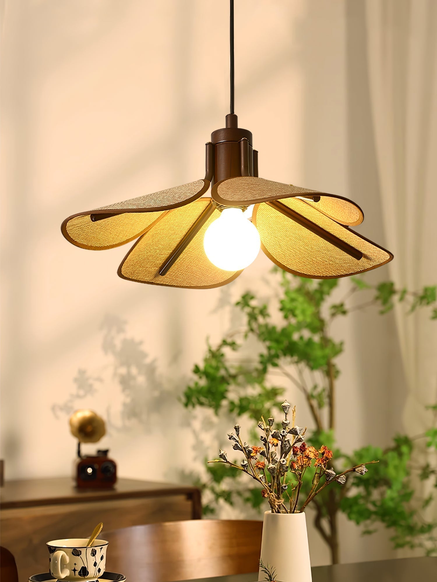 Utalion Traditionelle Pendelleuchte aus Holz und Stoff-Letslighting
