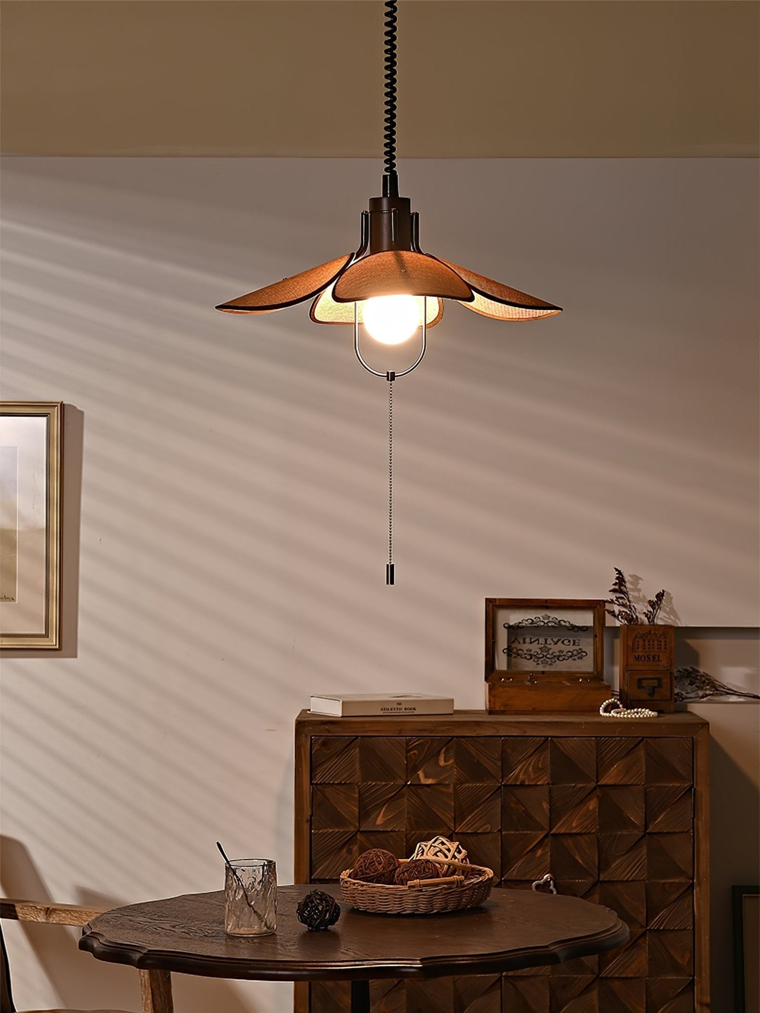 Utalion Traditionelle Pendelleuchte aus Holz und Stoff-Letslighting
