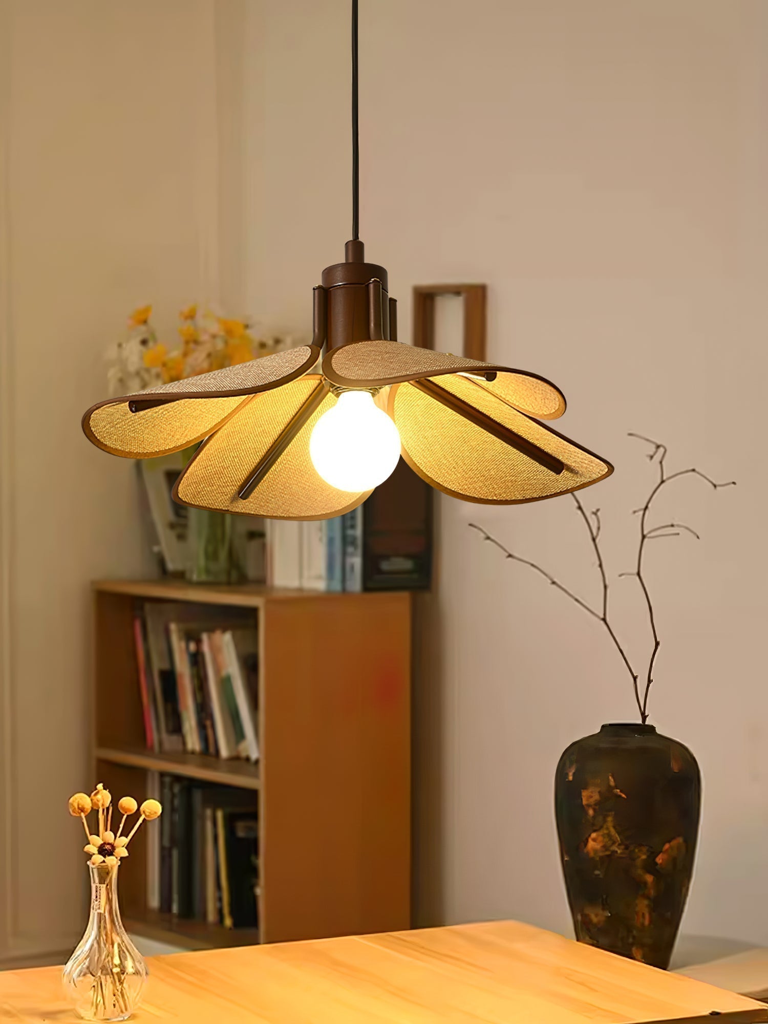 Utalion Traditionelle Pendelleuchte aus Holz und Stoff-Letslighting