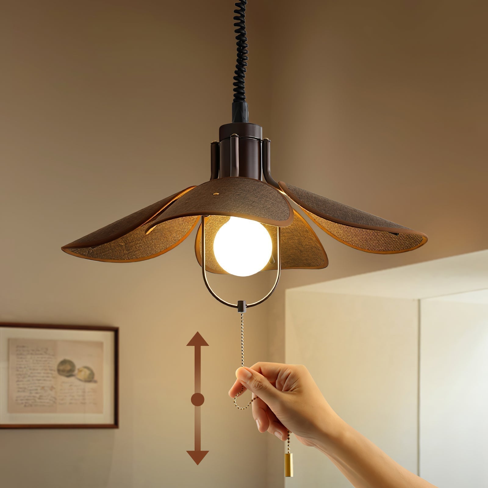 Utalion Traditionelle Pendelleuchte aus Holz und Stoff-Letslighting
