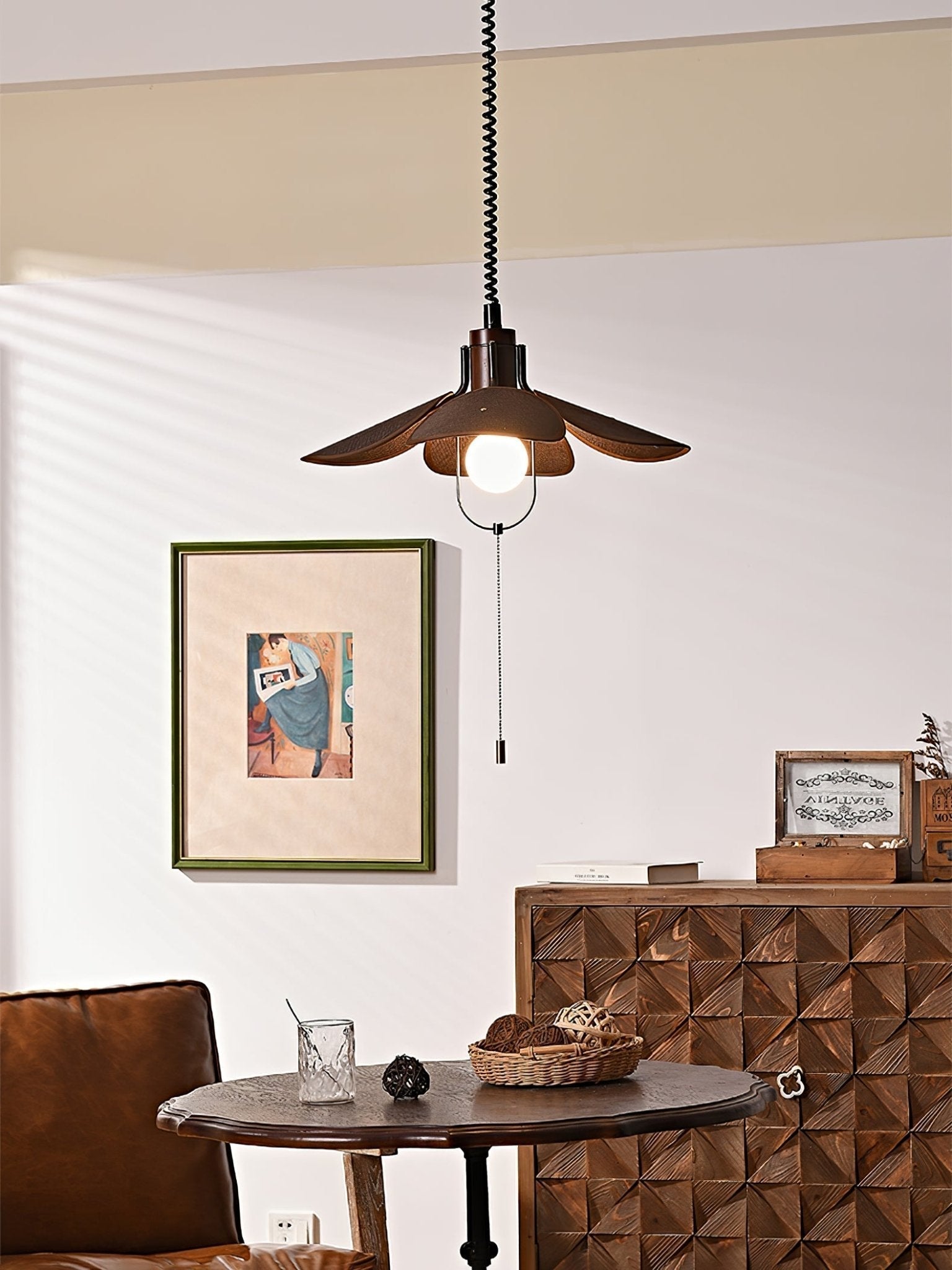 Utalion Traditionelle Pendelleuchte aus Holz und Stoff-Letslighting