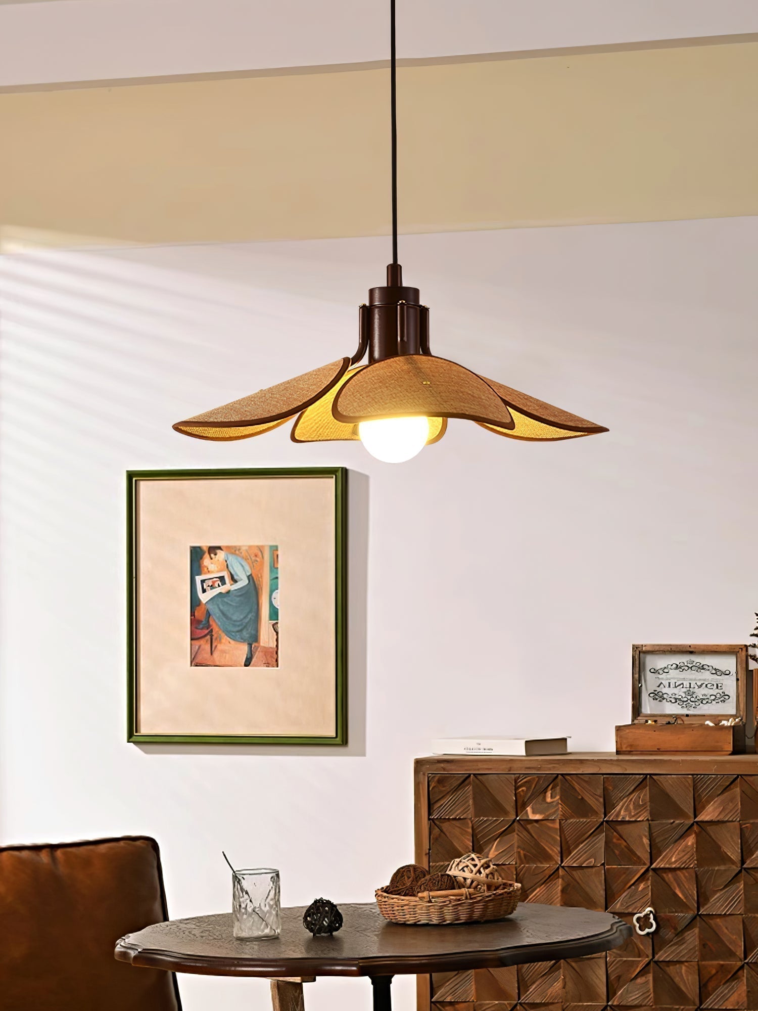Utalion Traditionelle Pendelleuchte aus Holz und Stoff-Letslighting