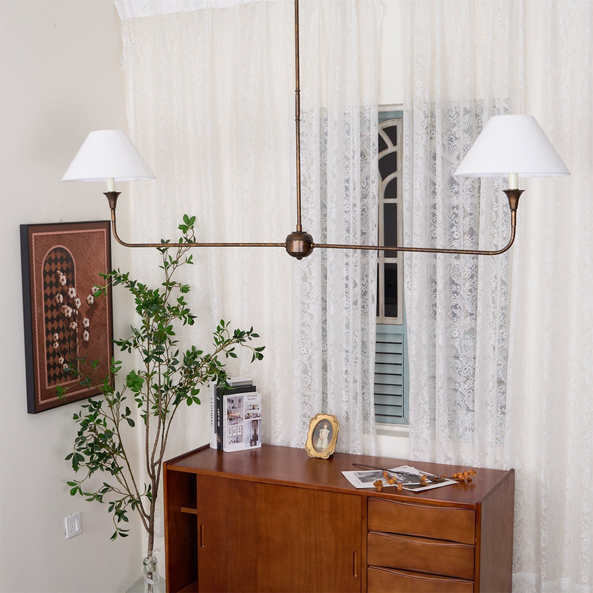 Aera Modern Minimalist Linear Antique Brass Fabric Chandelier - Letslighting