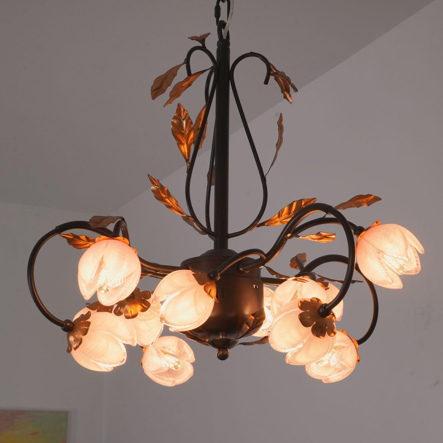 Avelora Vintage Industrieller Tulpen-Kronleuchter Pinkes Glas-Letslighting