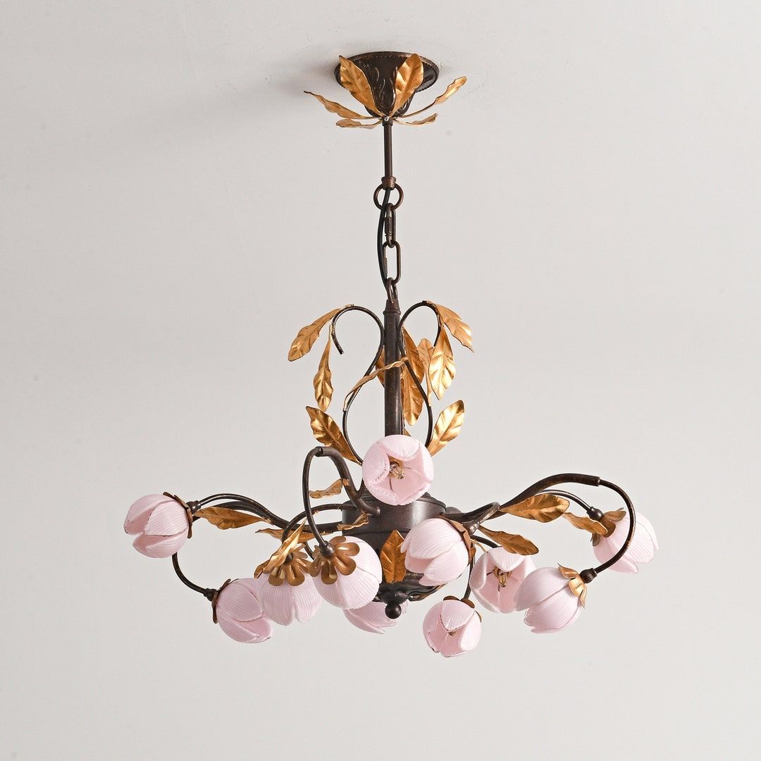 Avelora Vintage Industrieller Tulpen-Kronleuchter Pinkes Glas-Letslighting
