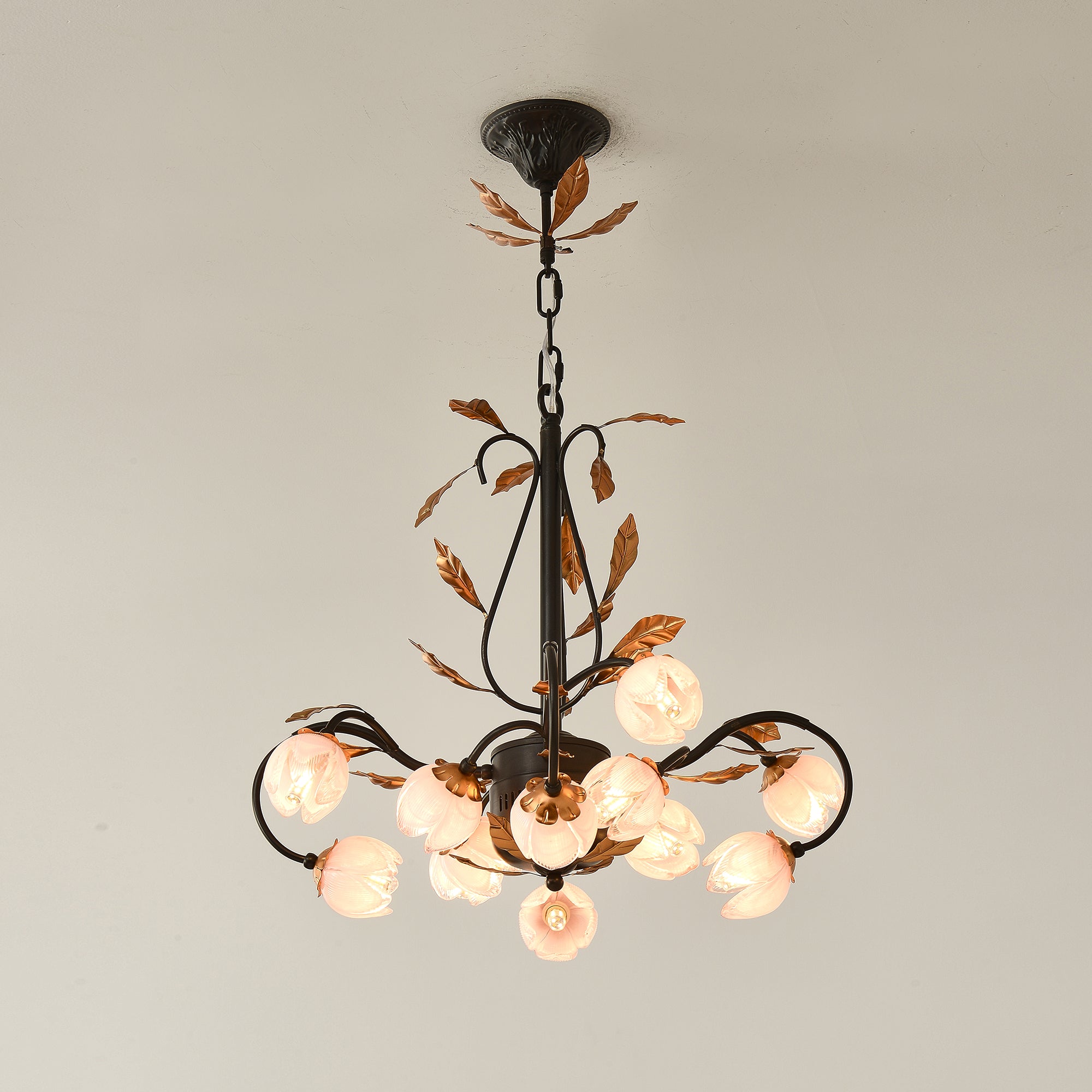 Avelora Vintage Industrieller Tulpen-Kronleuchter Pinkes Glas-Letslighting