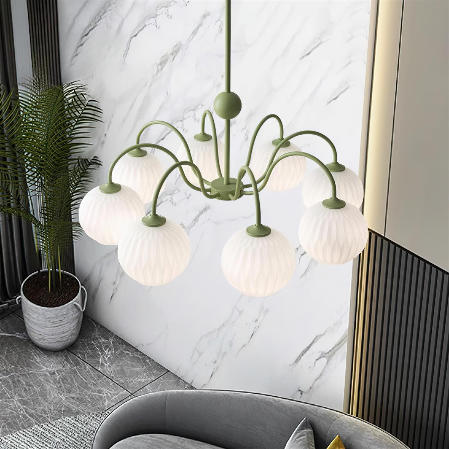 Lustra Chandelier Green Ribbed Glass Modern 8-Light-Letslighting