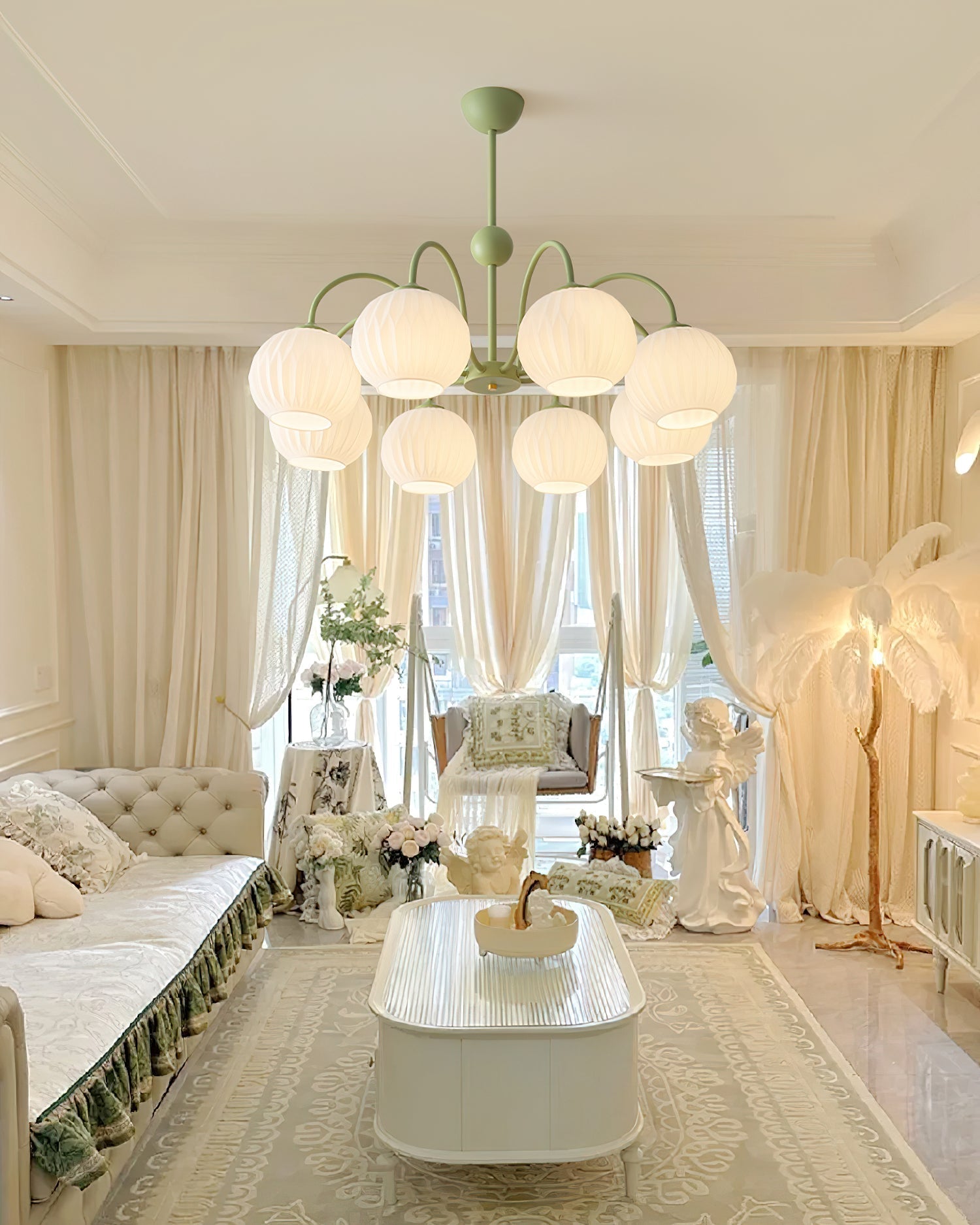 Lustra Chandelier Green Ribbed Glass Modern 8-Light-Letslighting