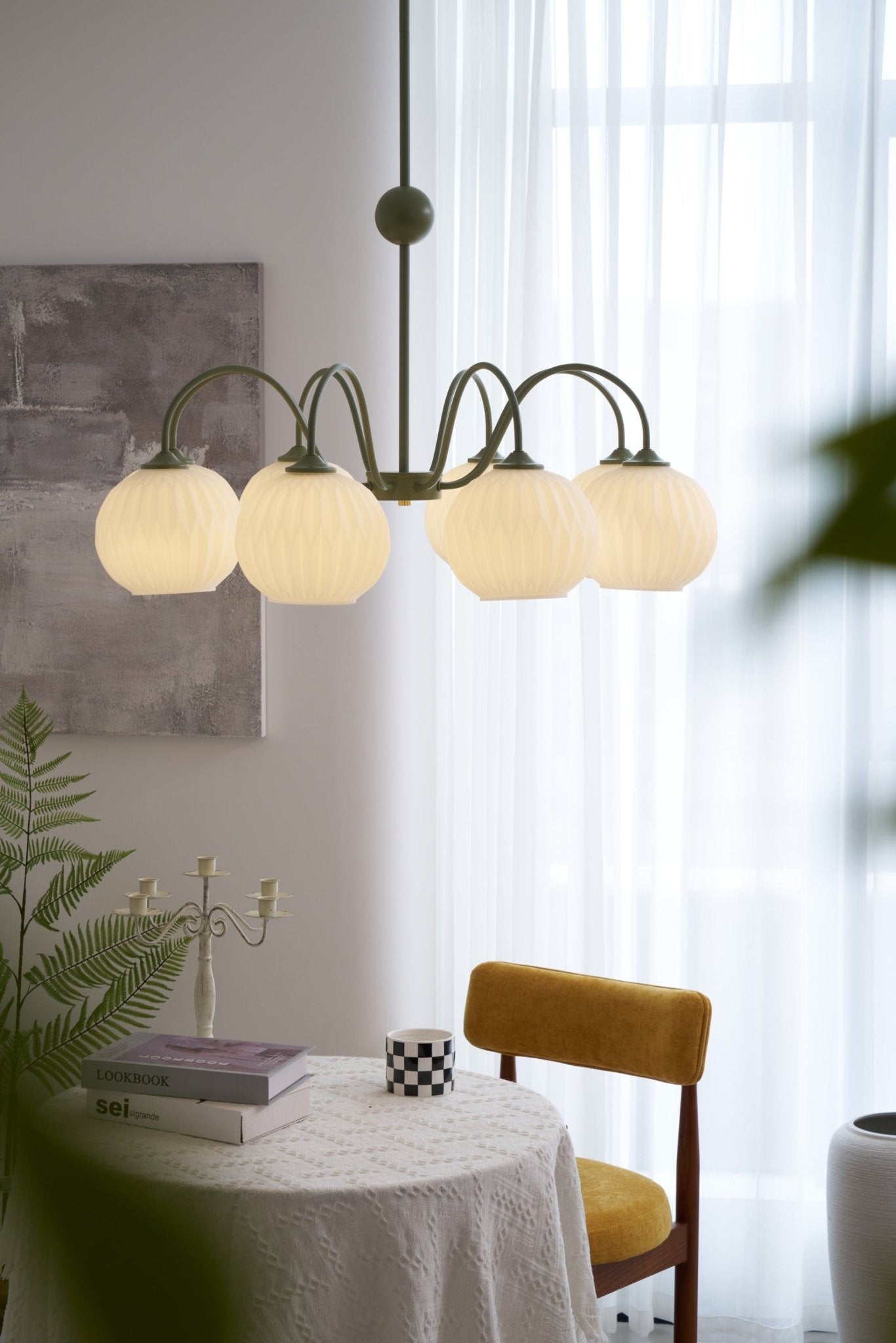 Lustra Chandelier Green Ribbed Glass Modern 8-Light-Letslighting