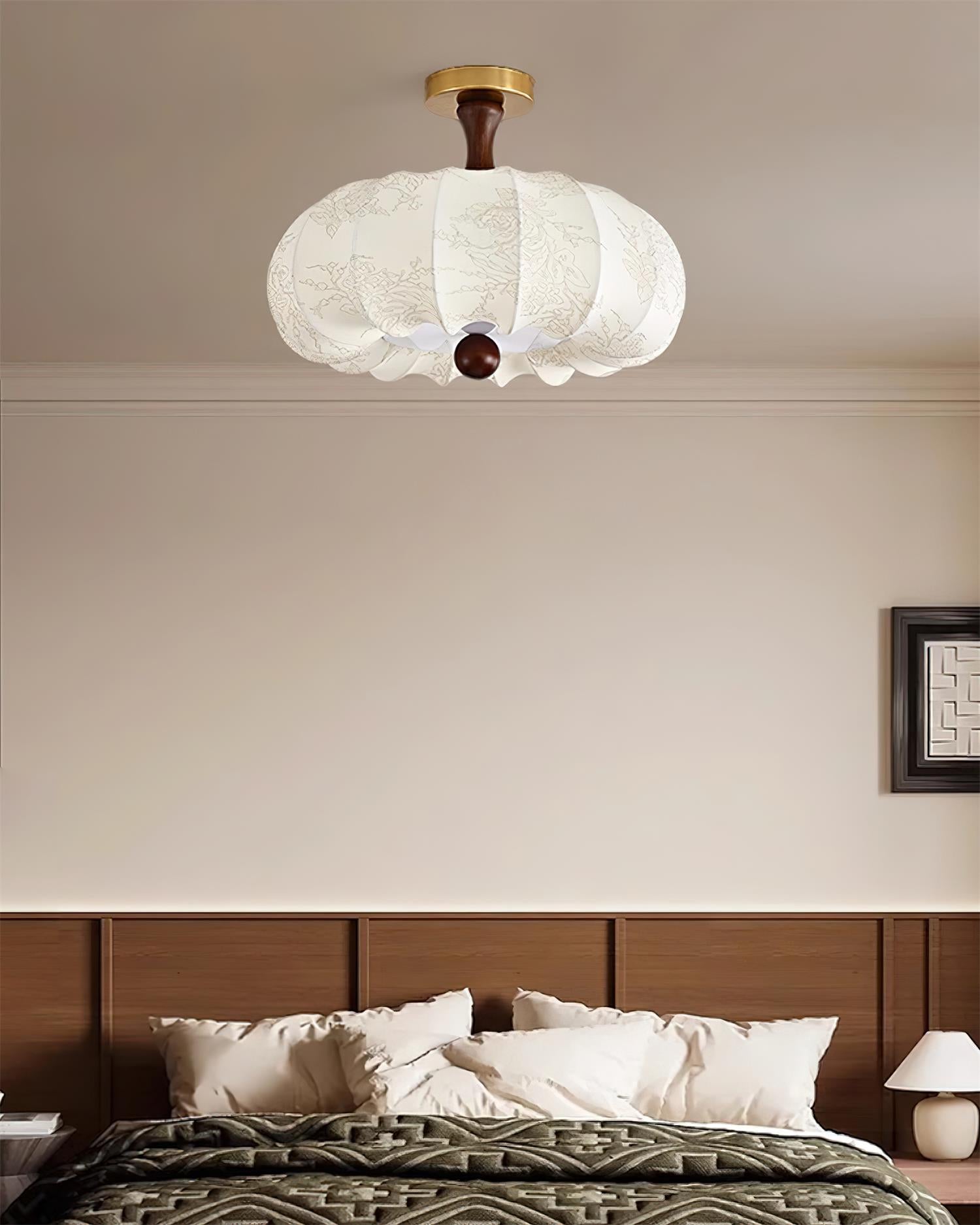 Ceiling Light Scalloped Fabric Shade Walnut Wood Canopy Vintage - Letslighting