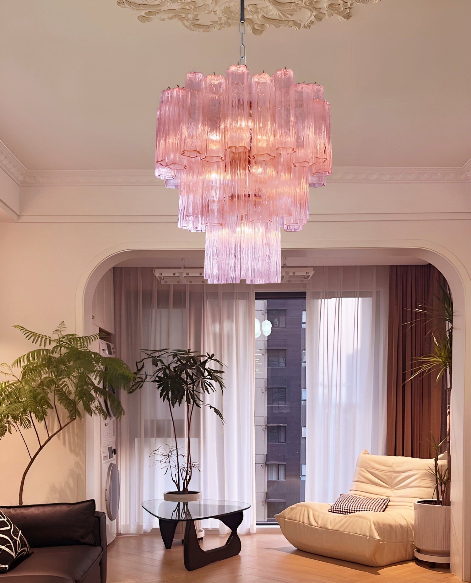 Aurora Chandelier Pink Glass Tubes Layered Modern - Neutralighting