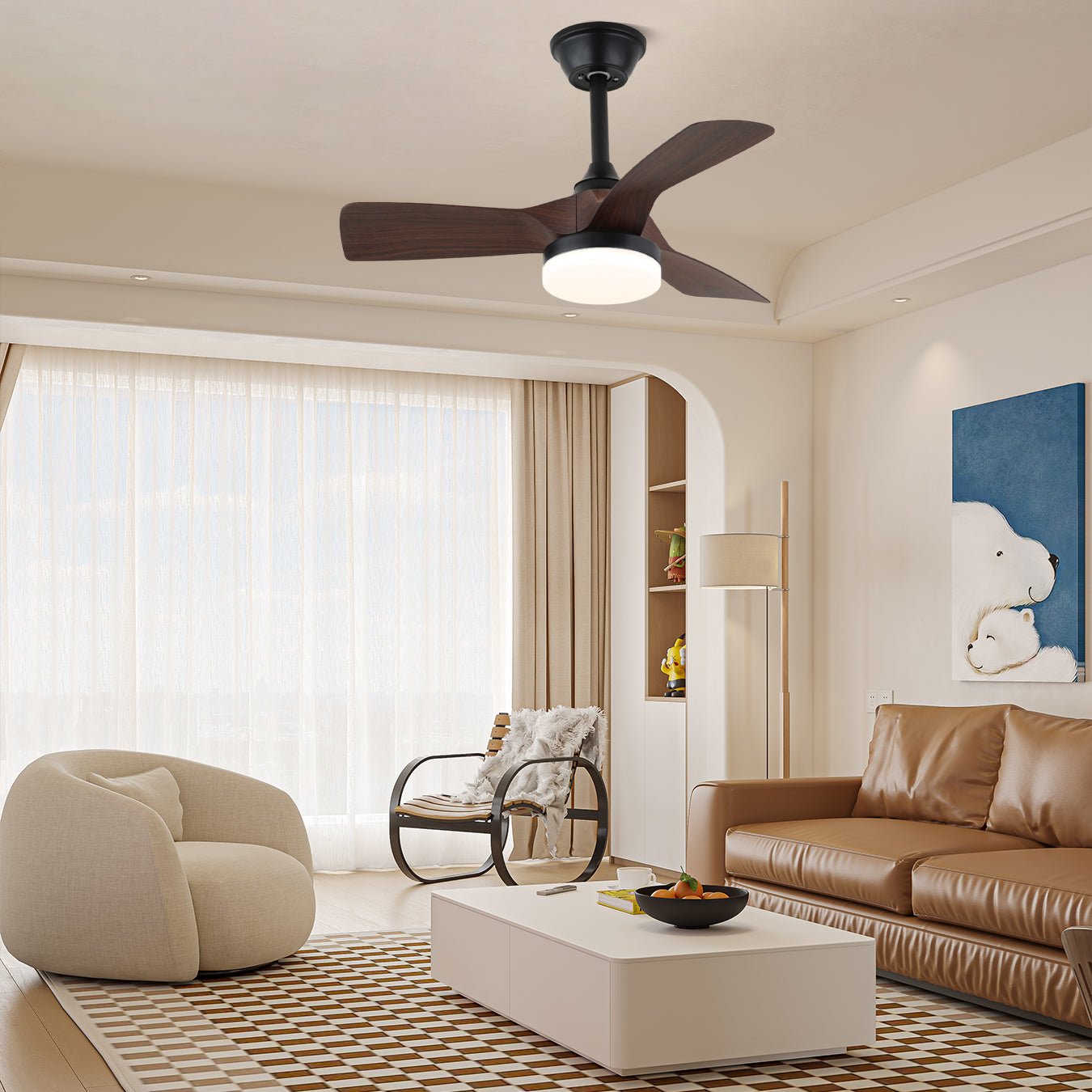 Orlen minimalistische Deckenventilatorleuchte in einem modernen Wohnzimmer installiert