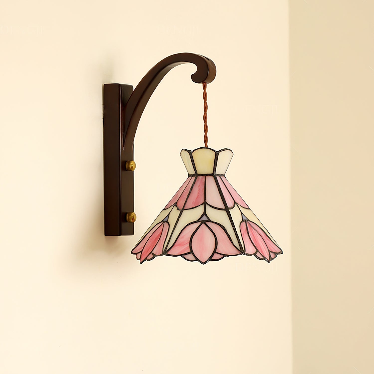 Wandleuchte Holz Körper Tiffany Glas Schirm Rosa Florale Vintage Kunst-Letslighting