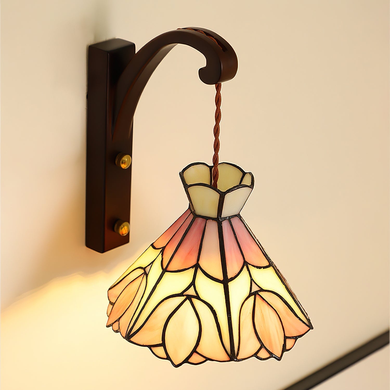 Wandleuchte Holz Körper Tiffany Glas Schirm Rosa Florale Vintage Kunst-Letslighting