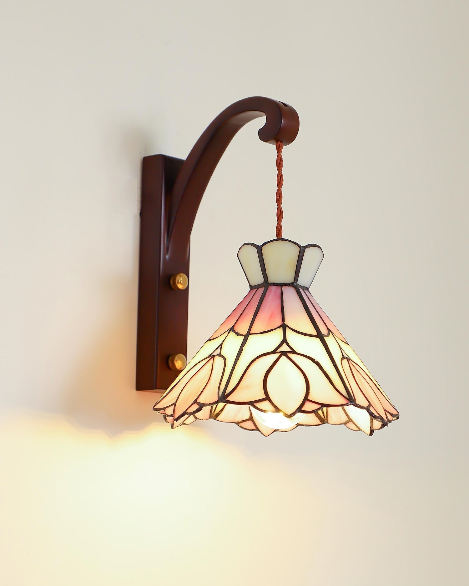 Wandleuchte Holz Körper Tiffany Glas Schirm Rosa Florale Vintage Kunst-Letslighting