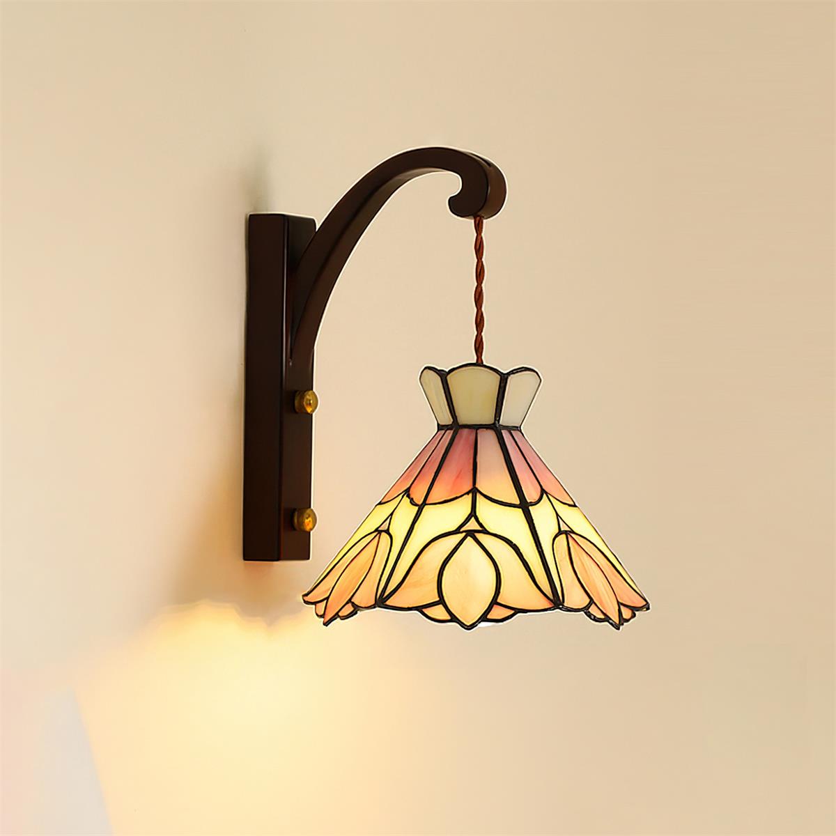 Wandleuchte Holz Körper Tiffany Glas Schirm Rosa Florale Vintage Kunst-Letslighting