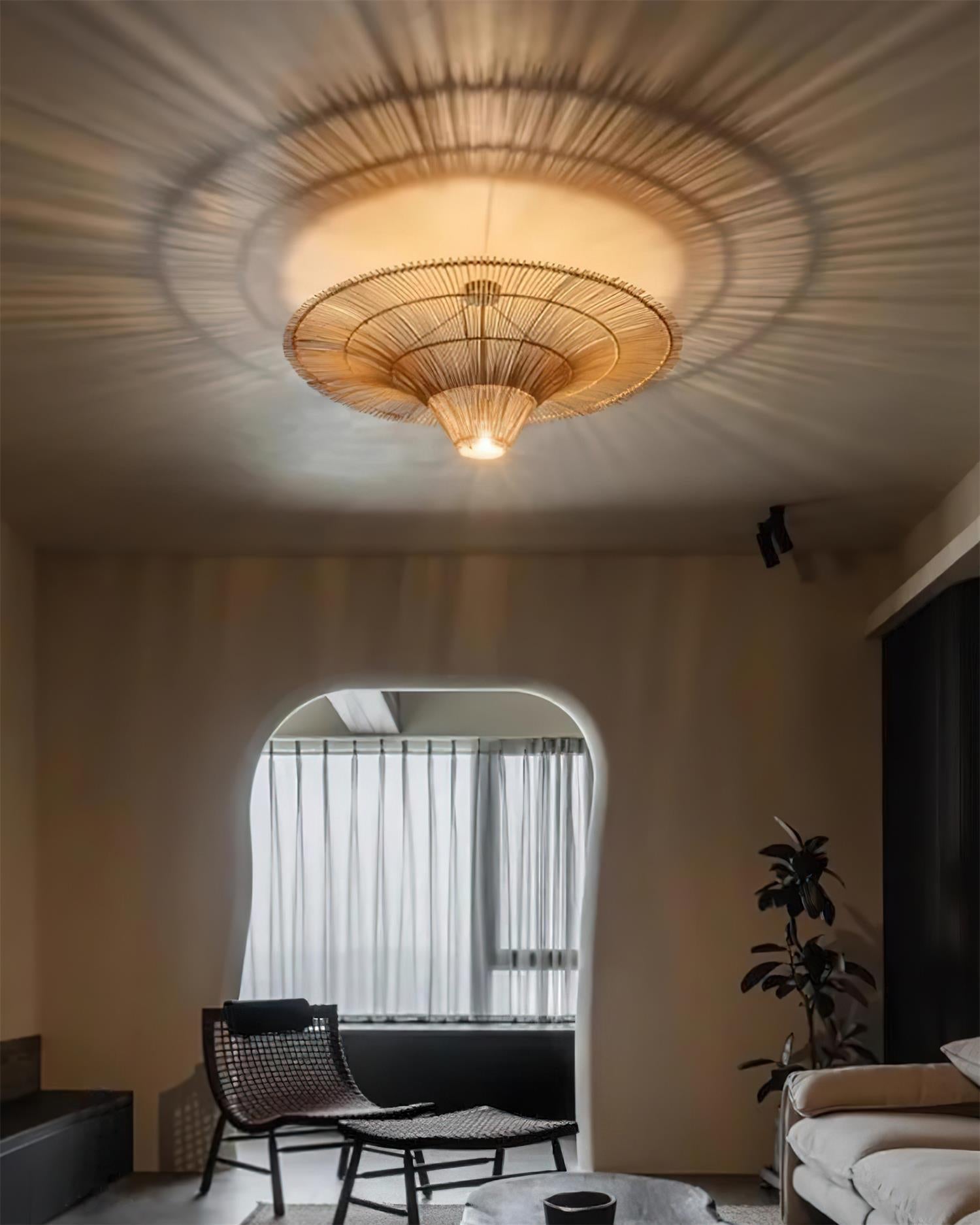 Juvia Pendelleuchte Rattan Natur Handgeflochten Breiter Schirm-Letslighting