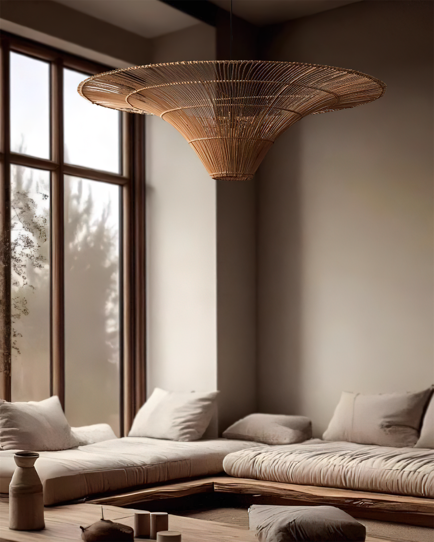 Juvia Pendelleuchte Rattan Natur Handgeflochten Breiter Schirm-Letslighting